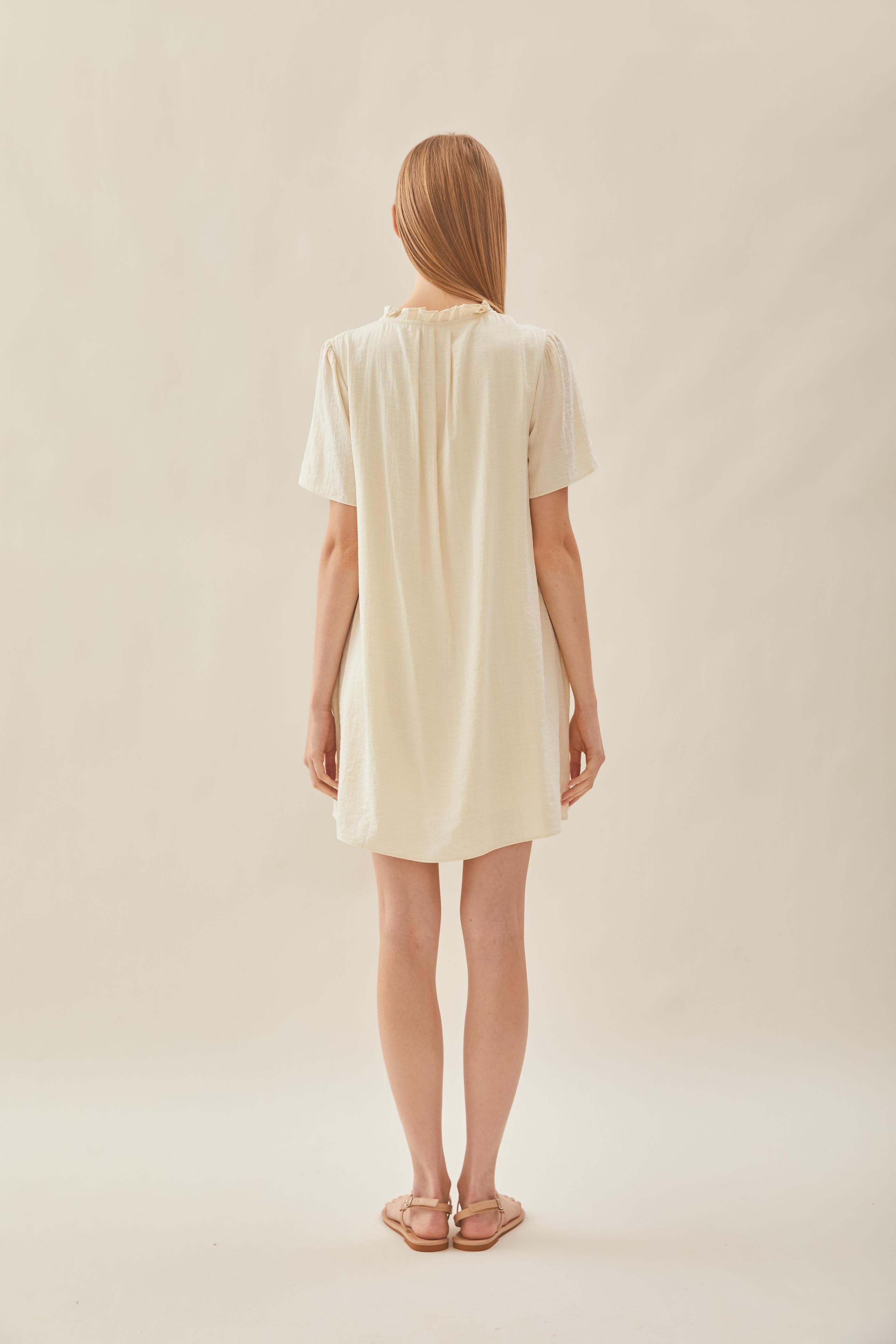 Pleated V Neck Dress in Natural
