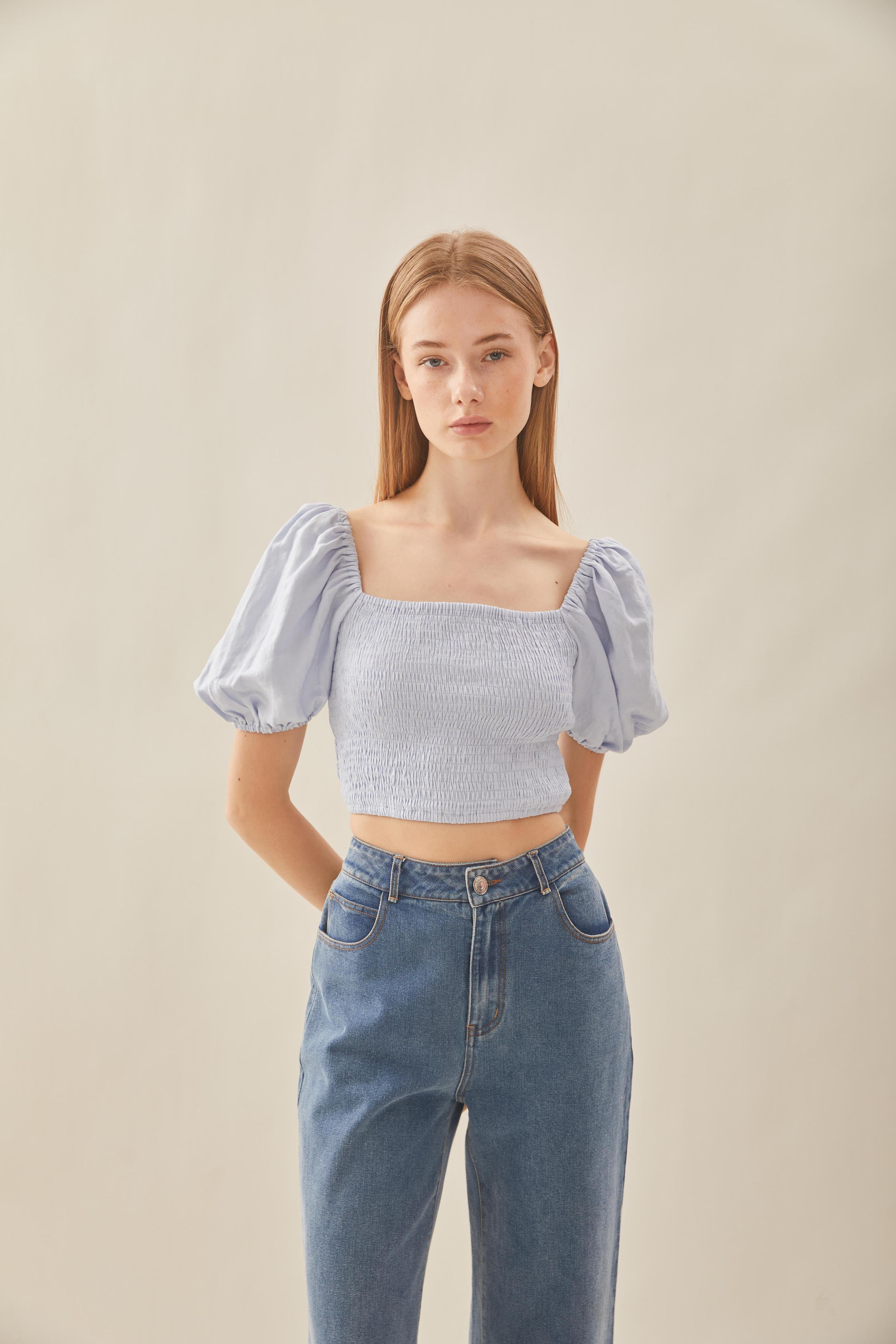 Puffed Sleeved Shirred Top in Mist Blue