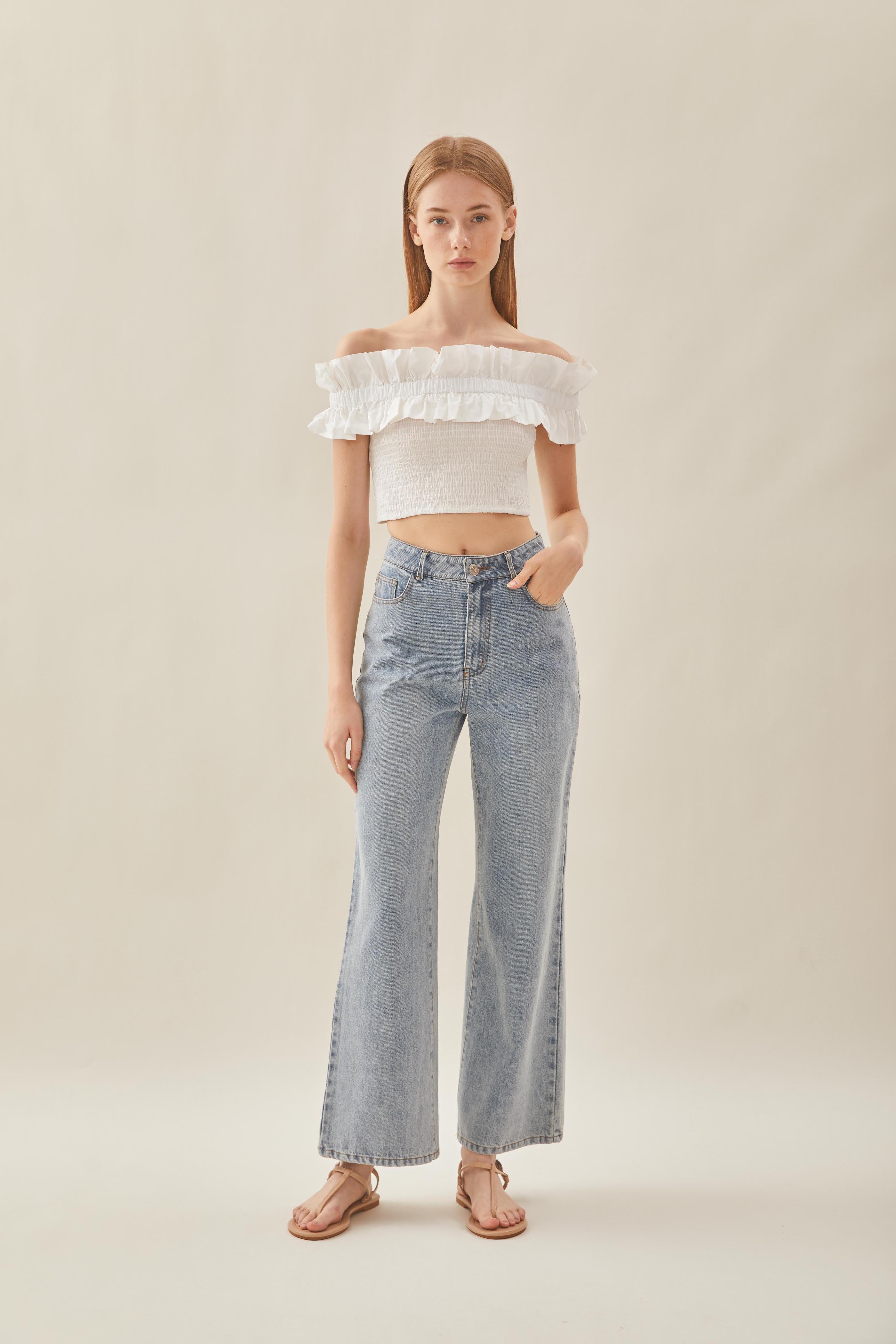 Off Shoulder Top with Ruffles in White