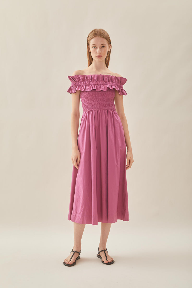 Off Shoulder Dress with Ruffles in Wild Rose