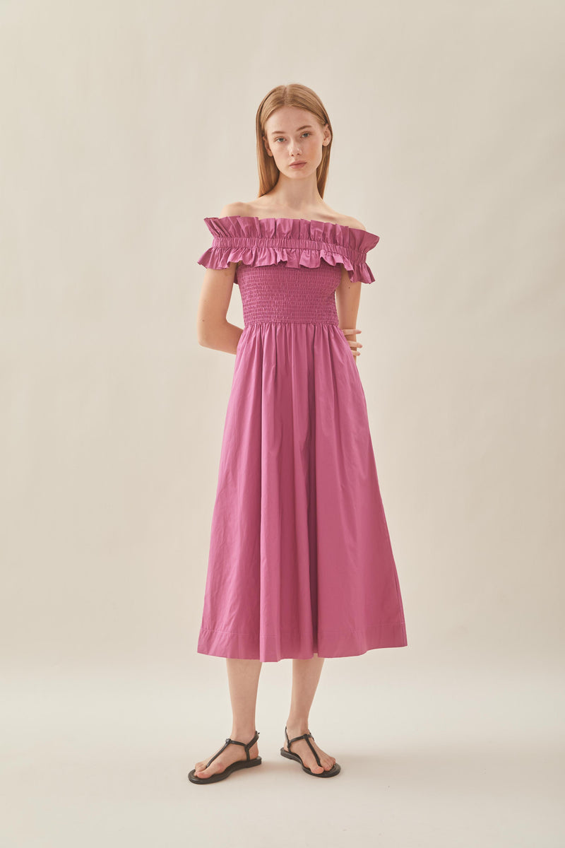 Off Shoulder Dress with Ruffles in Wild Rose