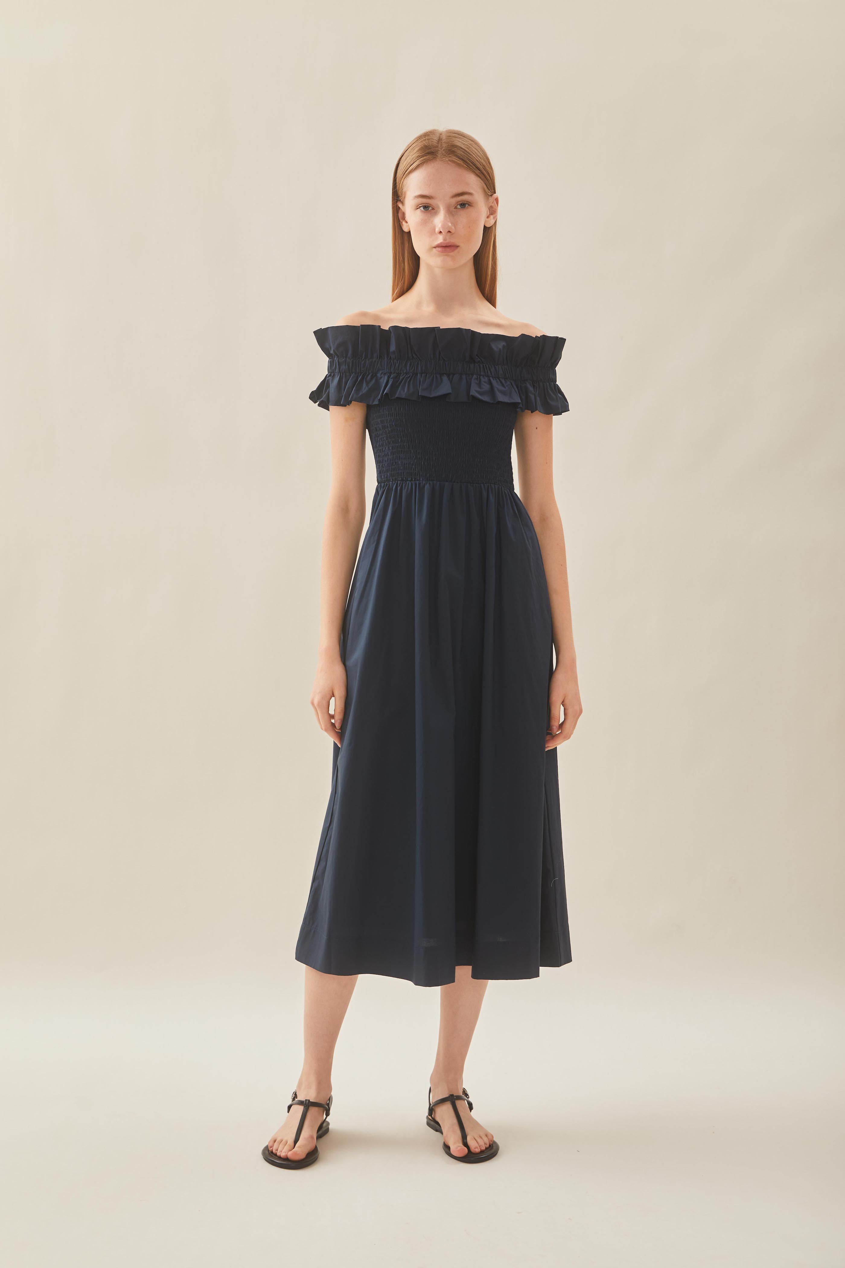 Off Shoulder Dress with Ruffles in Midnight