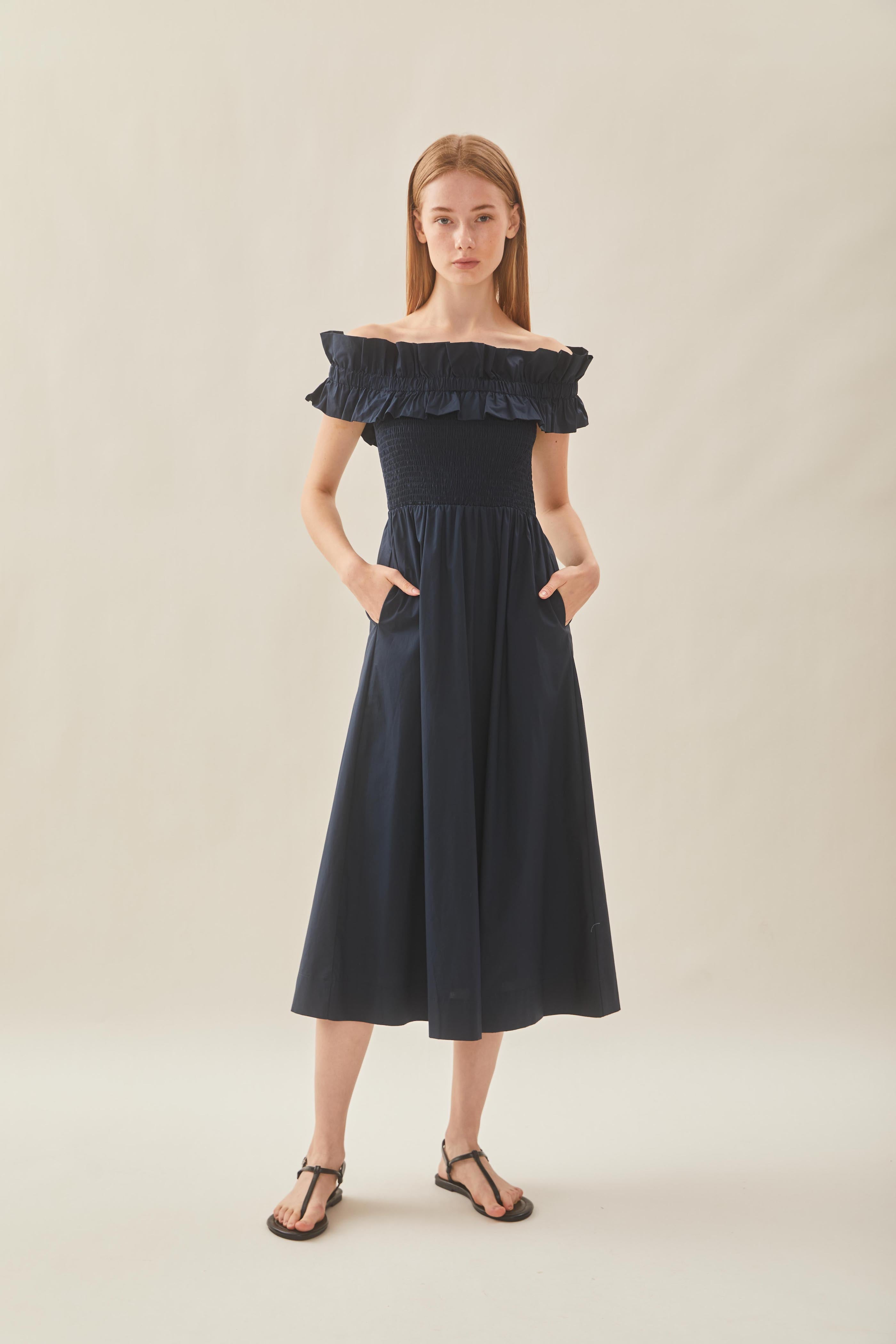 Off Shoulder Dress with Ruffles in Midnight