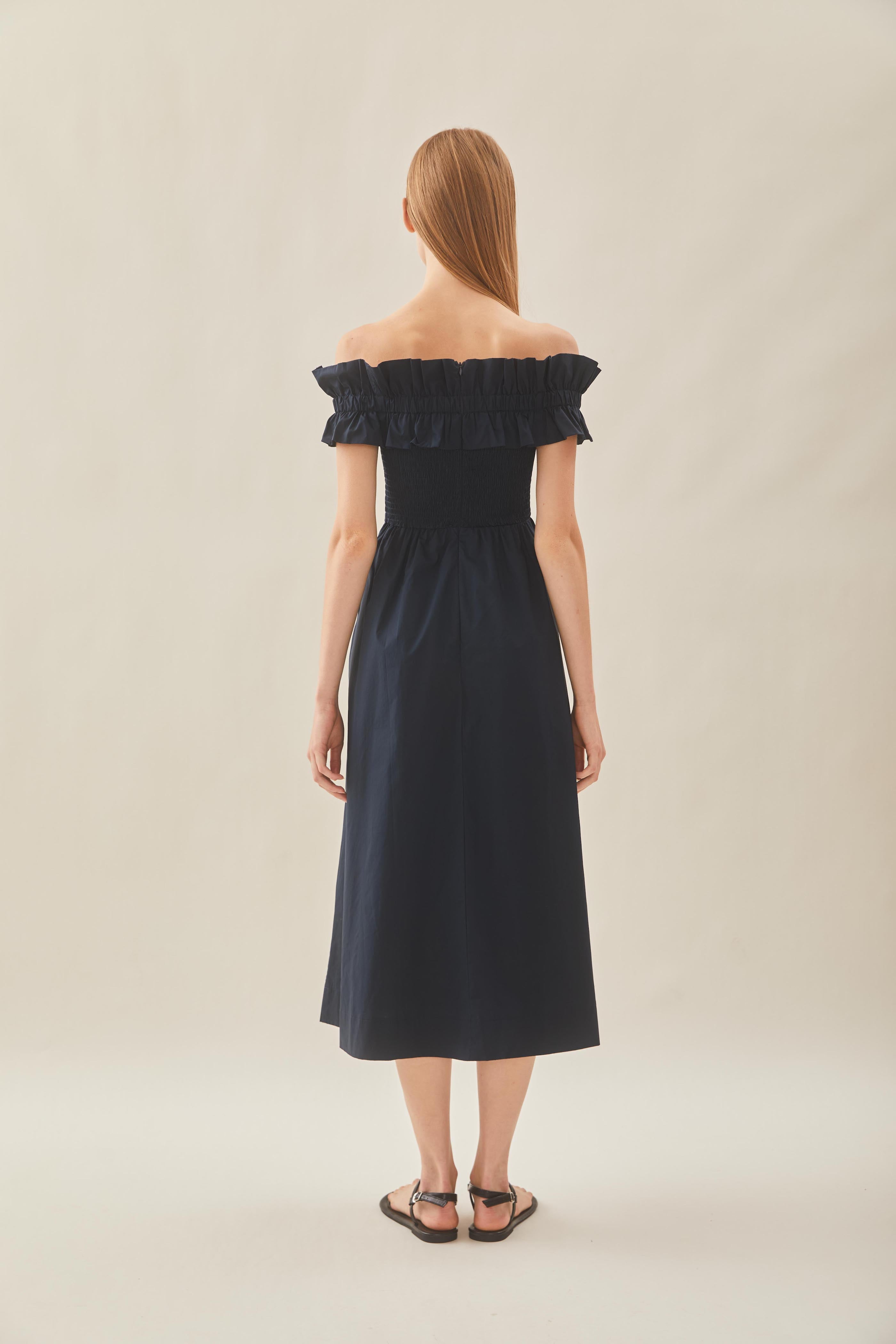 Off Shoulder Dress with Ruffles in Midnight