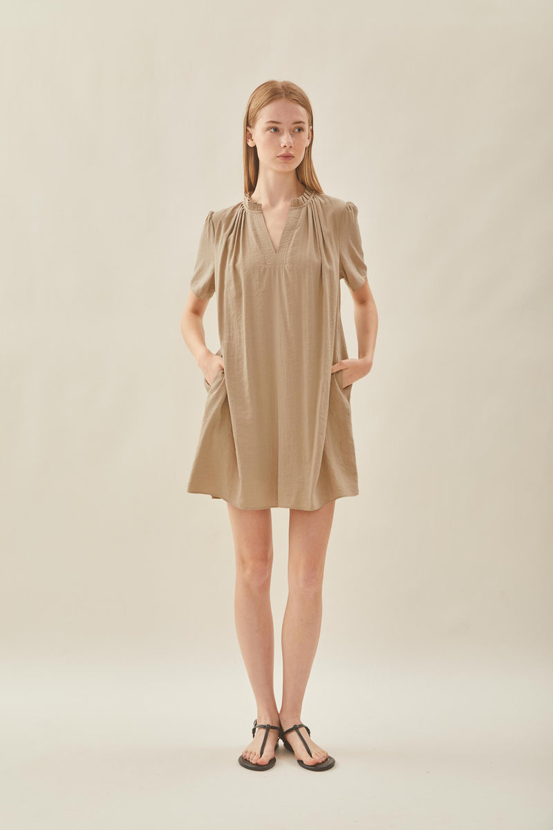 Pleated V Neck Dress in Taupe