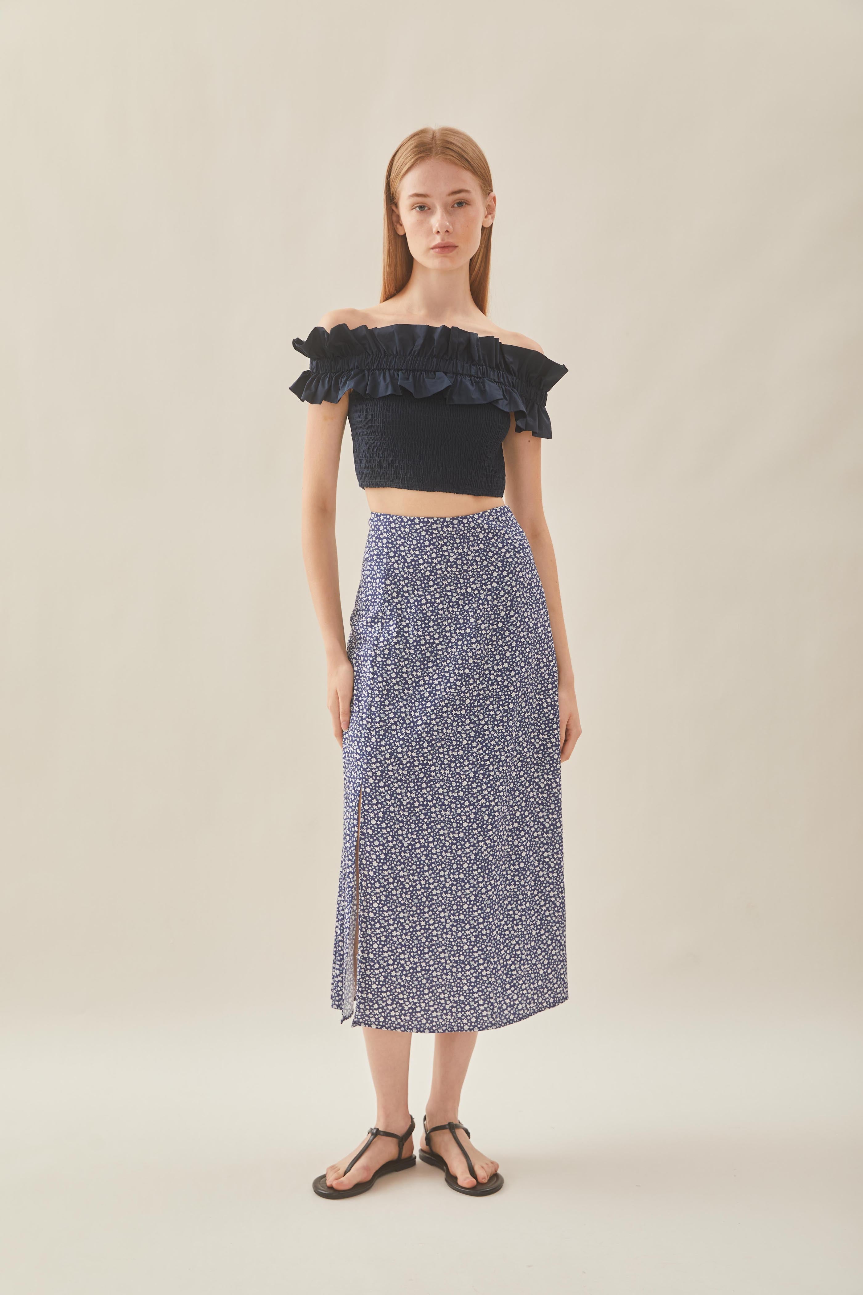 Cotton Blend Skirt with Slit in Moonlight Bloom
