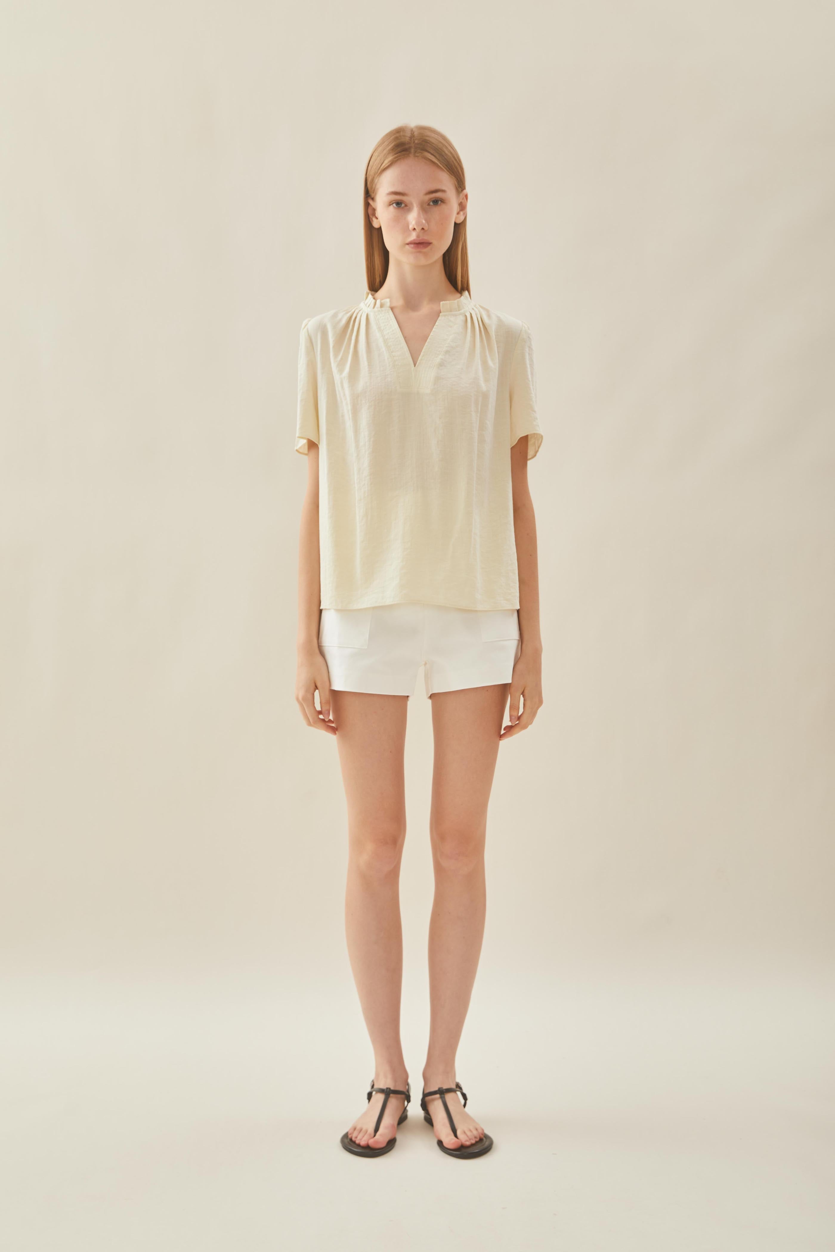 Pleated V Neck Blouse in Natural