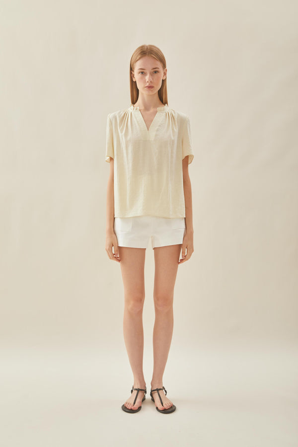 Pleated V Neck Blouse in Natural