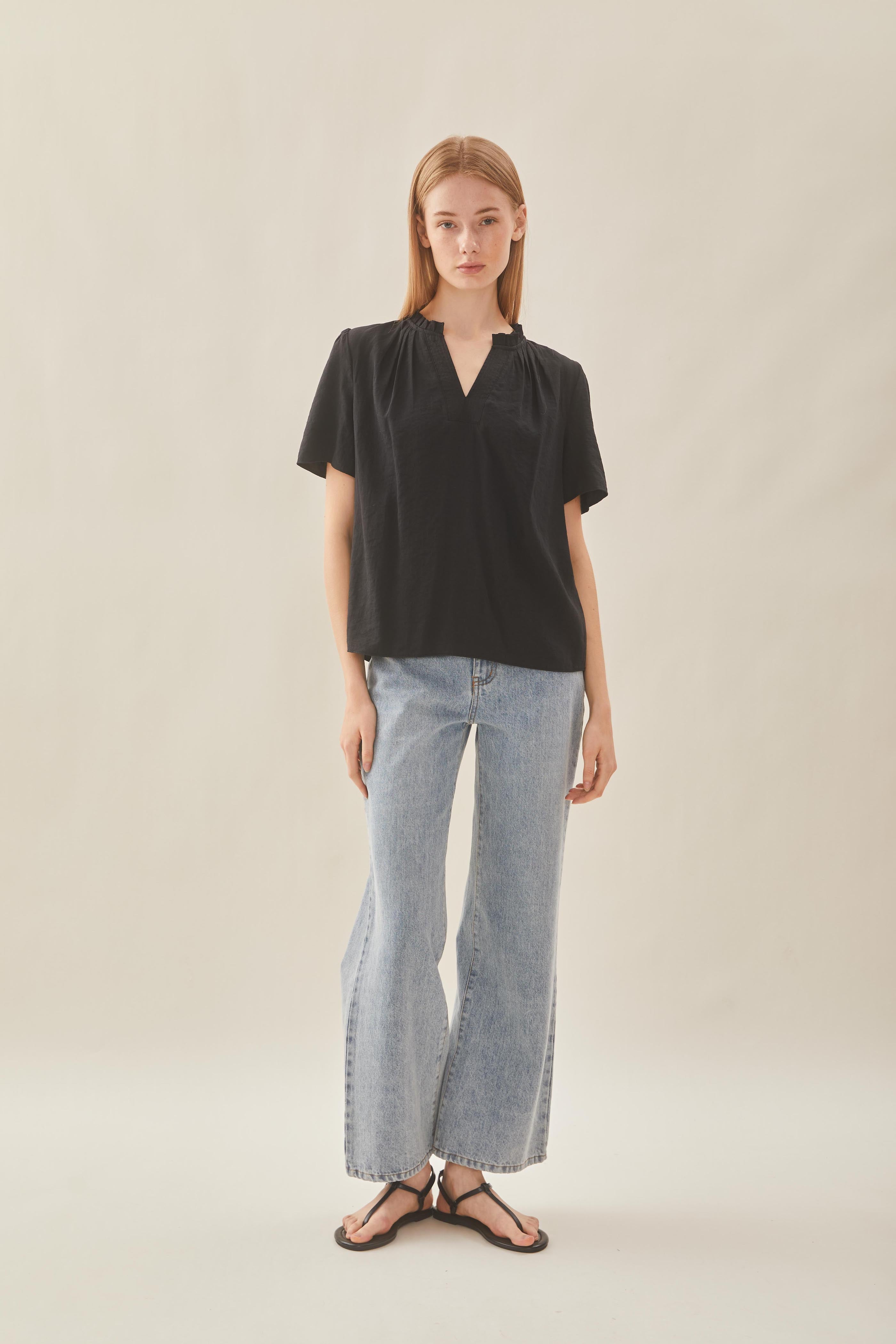Pleated V Neck Blouse in Black