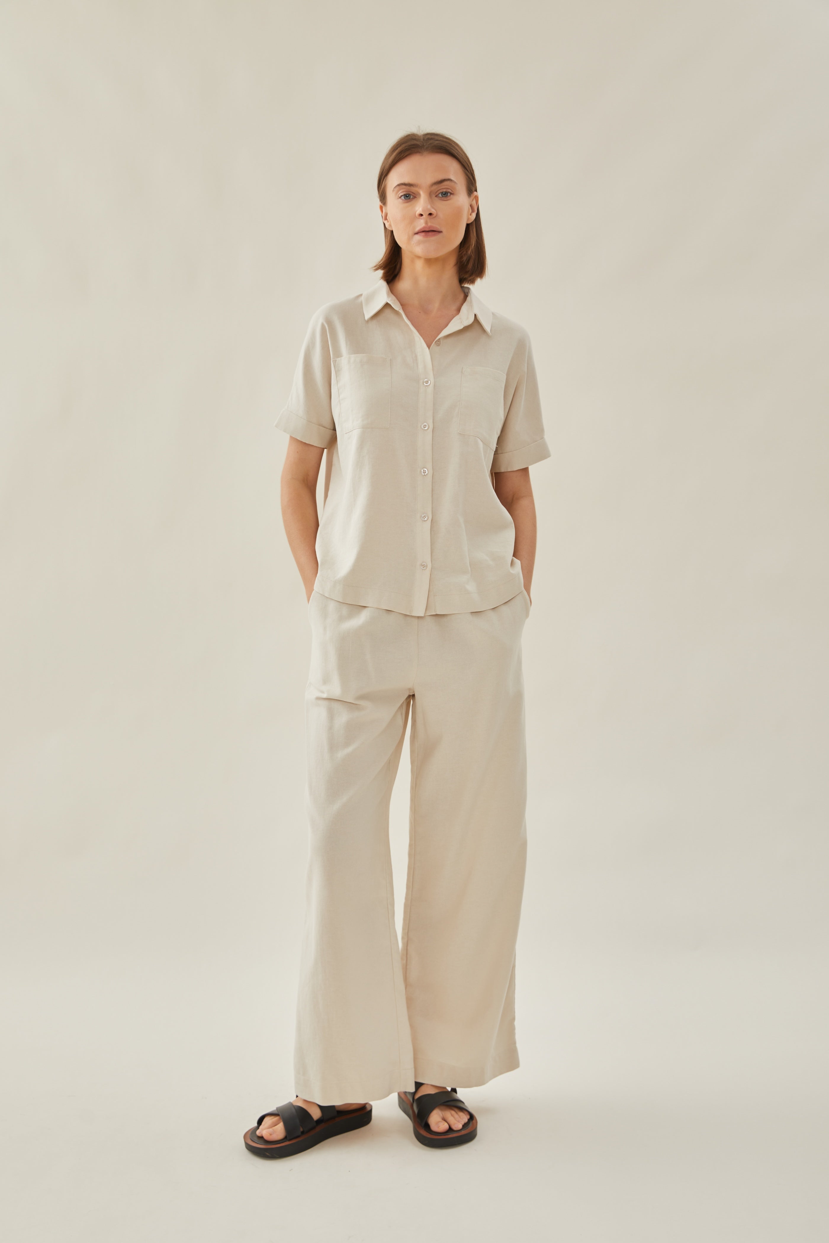 Relaxed Waisted Trousers in Beige