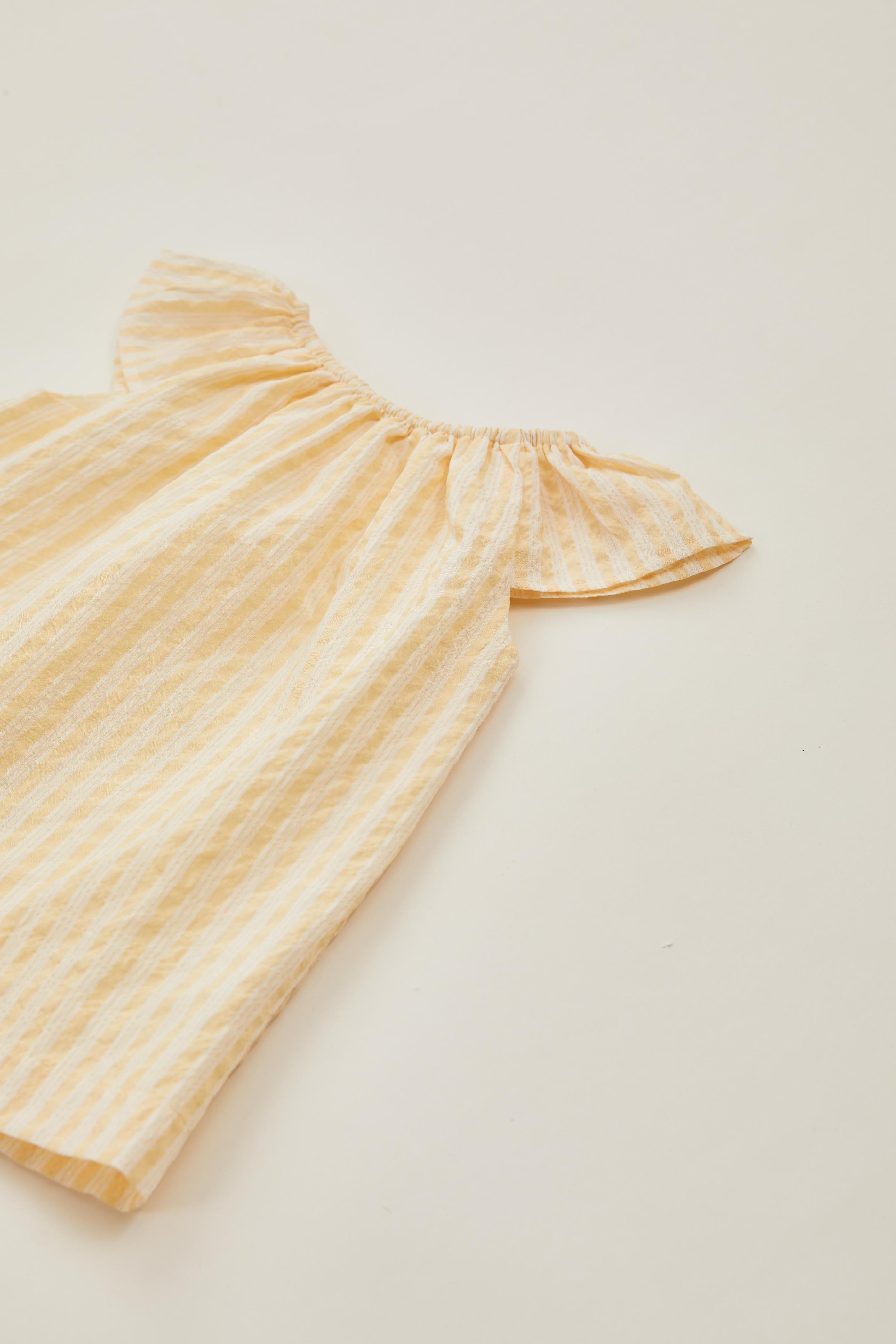 Mini Gathered Neckline Dress in Stripe Yellow