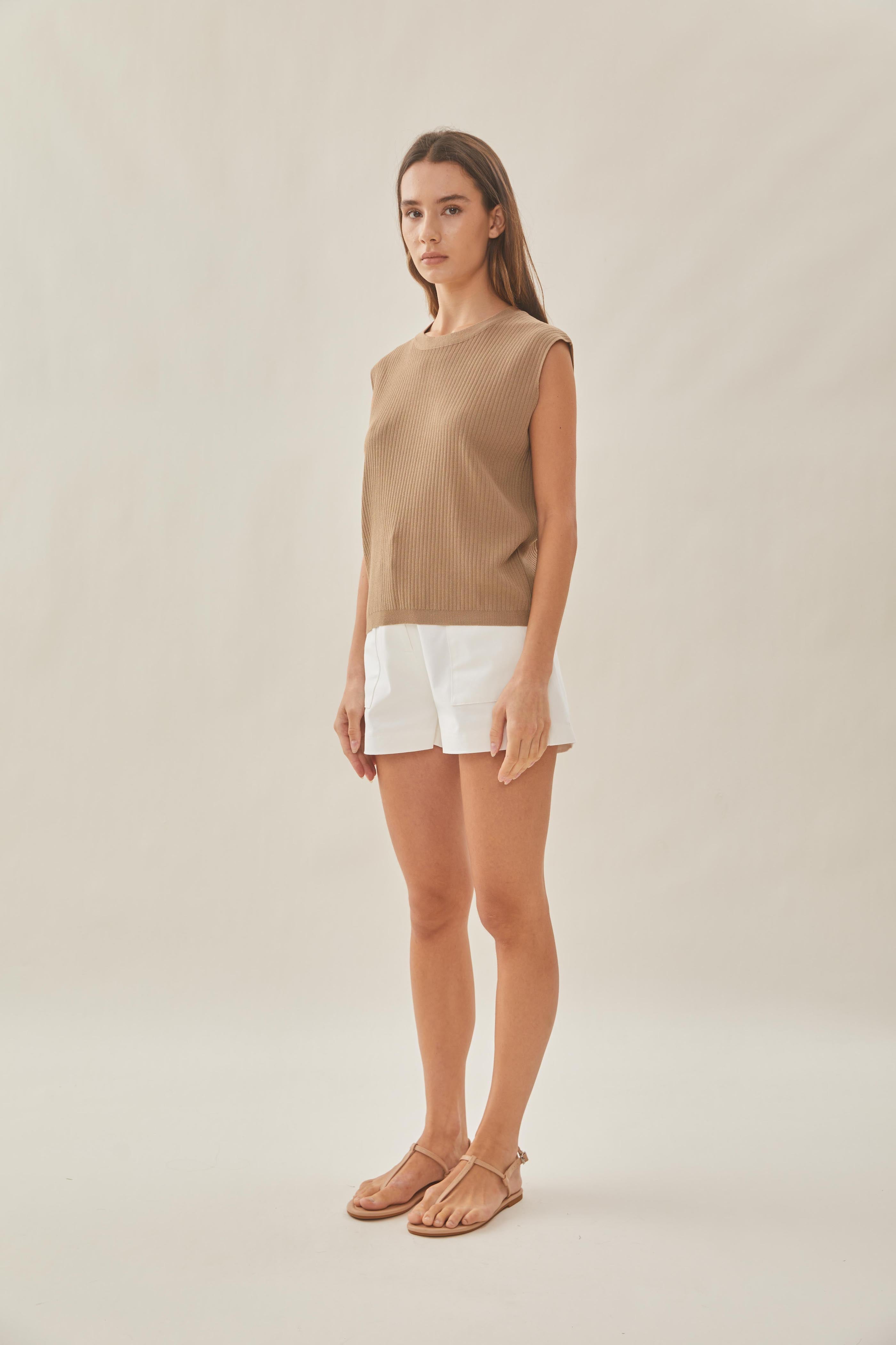 Knitted Round Neck Sleeveless Top in Tan