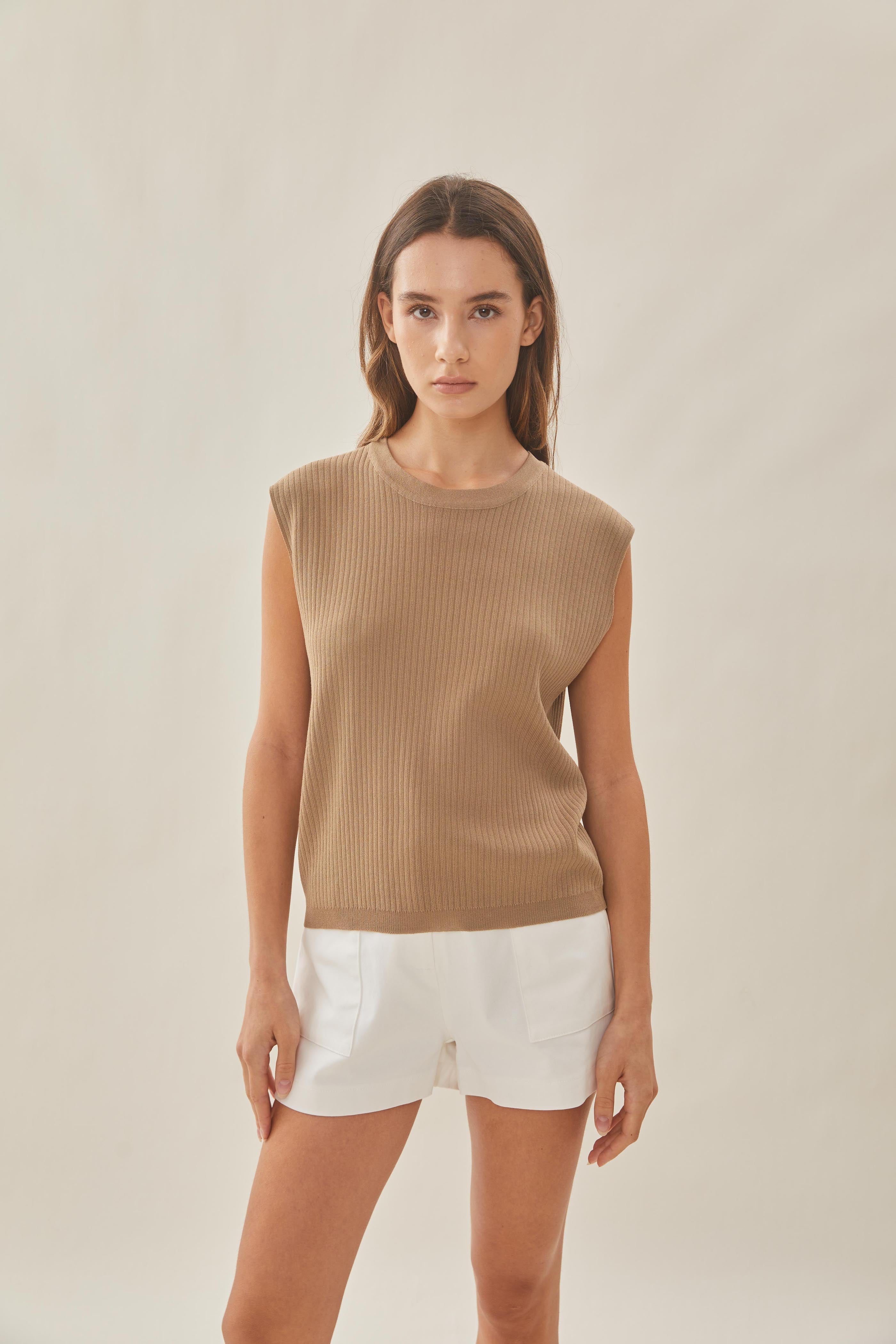 Knitted Round Neck Sleeveless Top in Tan