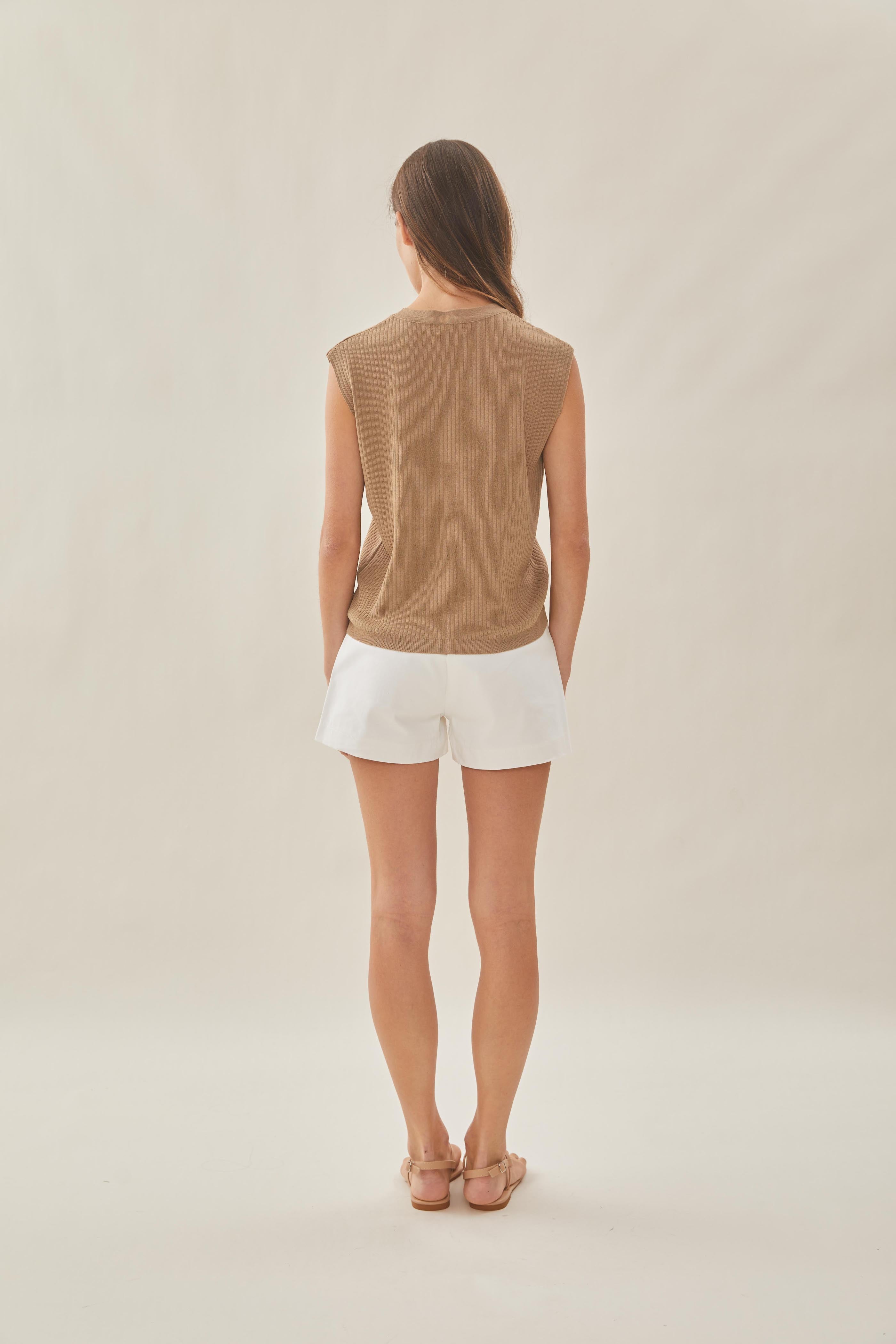 Knitted Round Neck Sleeveless Top in Tan