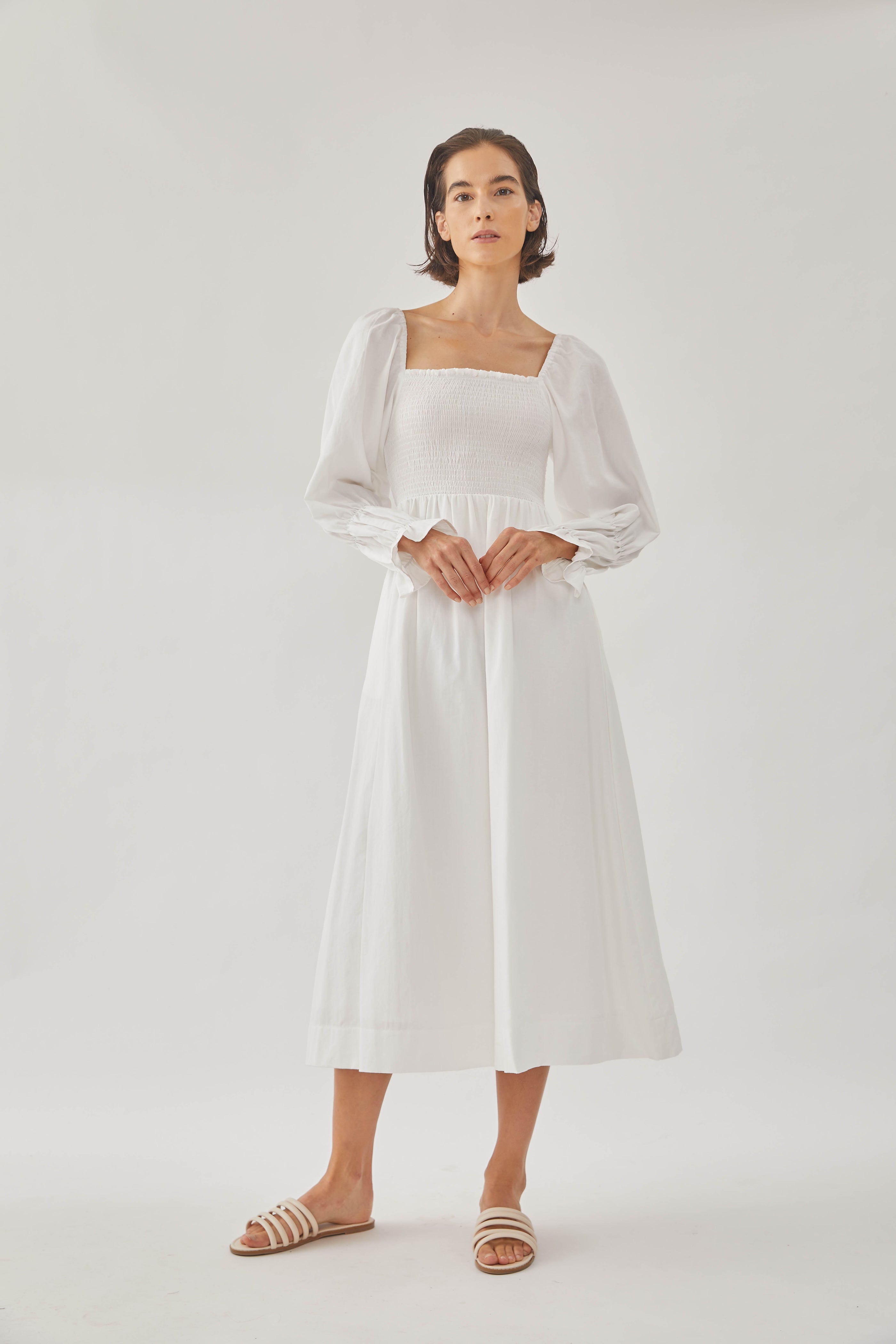 Cotton Shirred Midi Dress in White