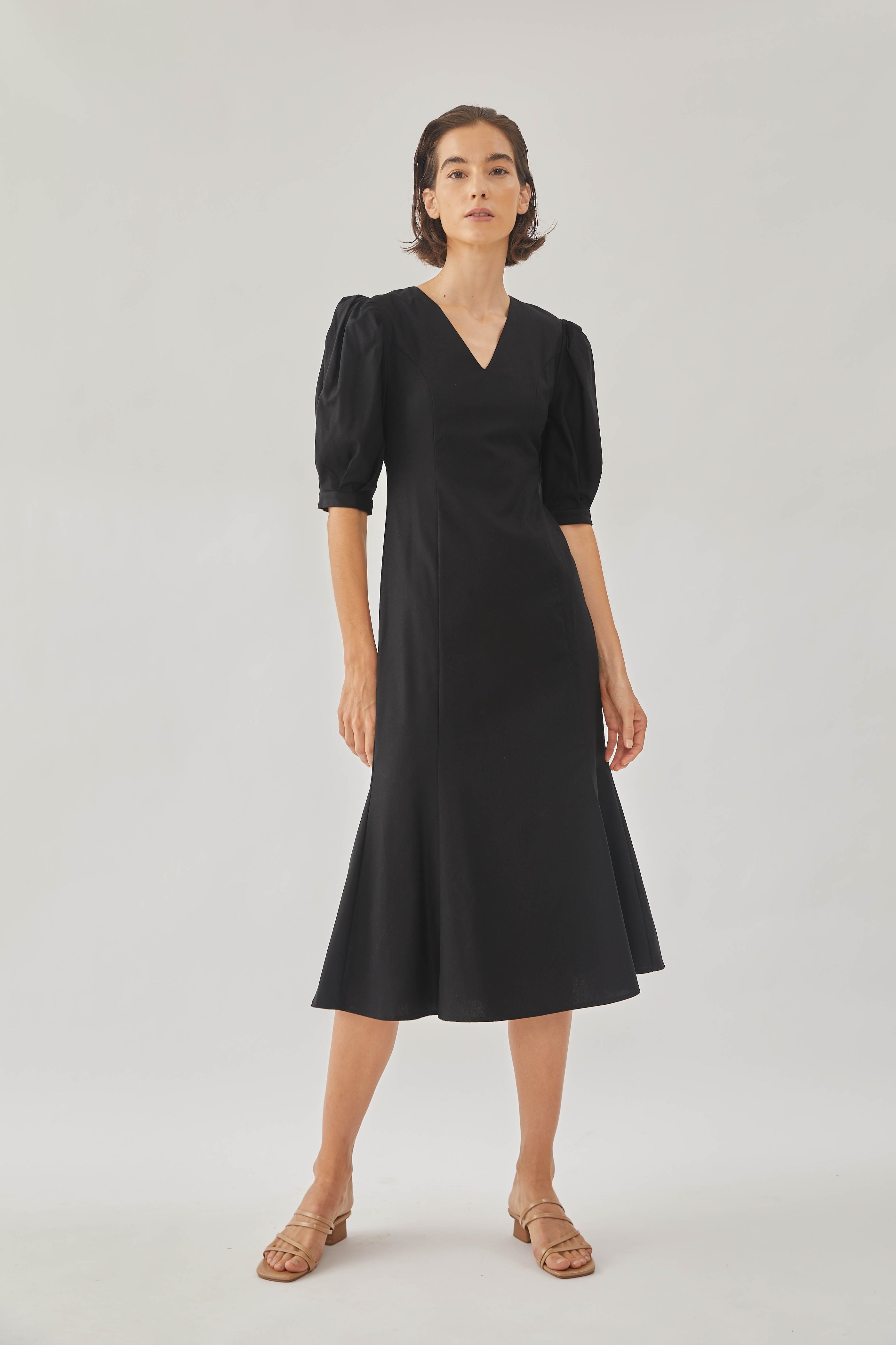 Linen Midi Dress in Black
