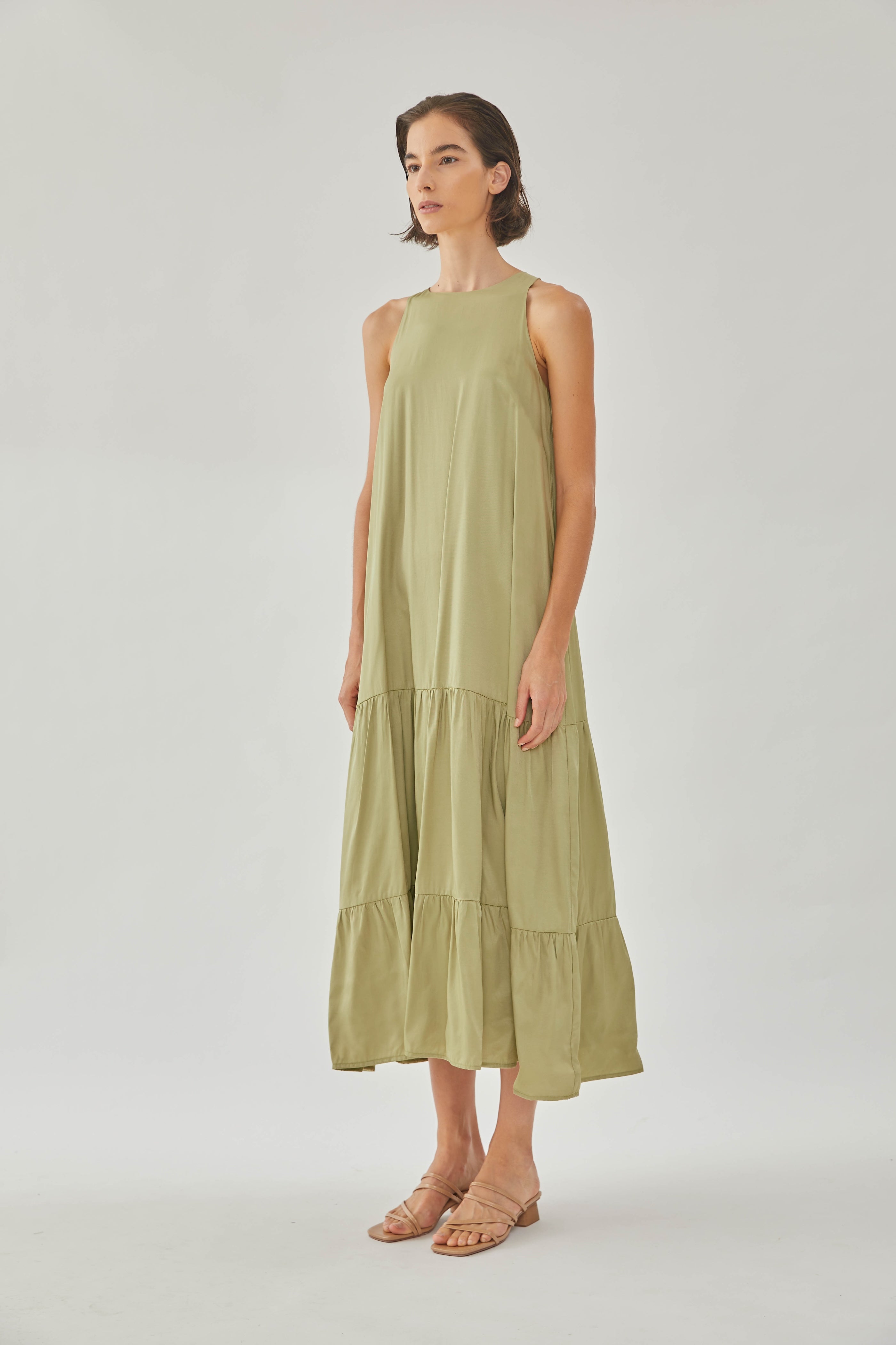 Cotton Blend Tiered Maxi Dress in Olive