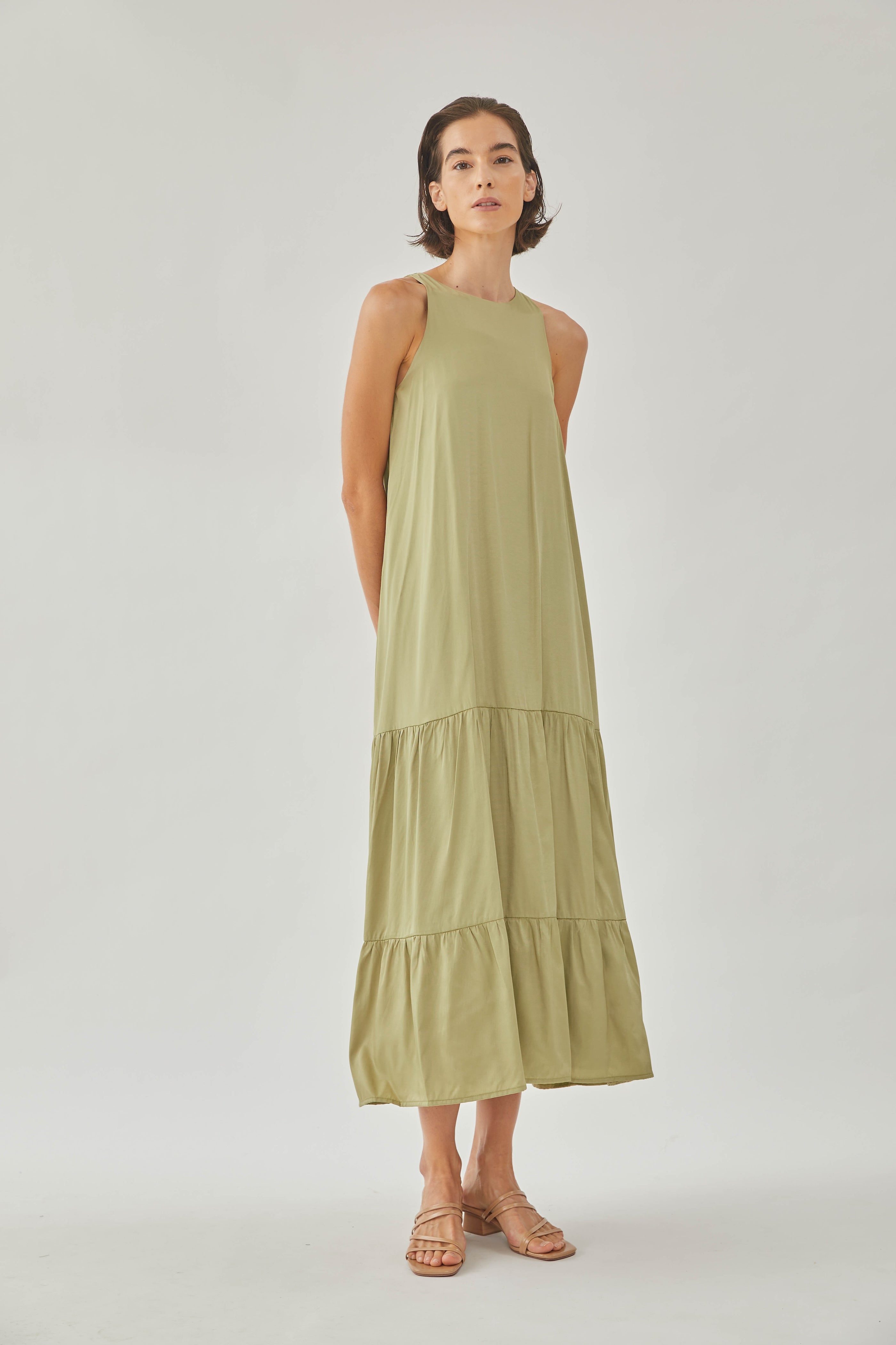 Cotton Blend Tiered Maxi Dress in Olive