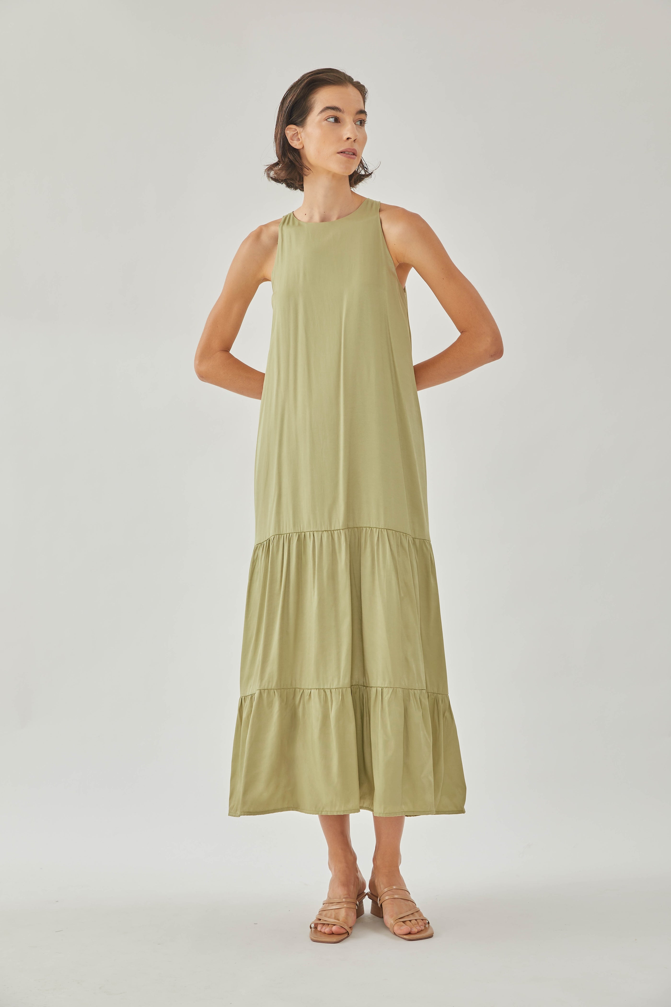 Cotton Blend Tiered Maxi Dress in Olive