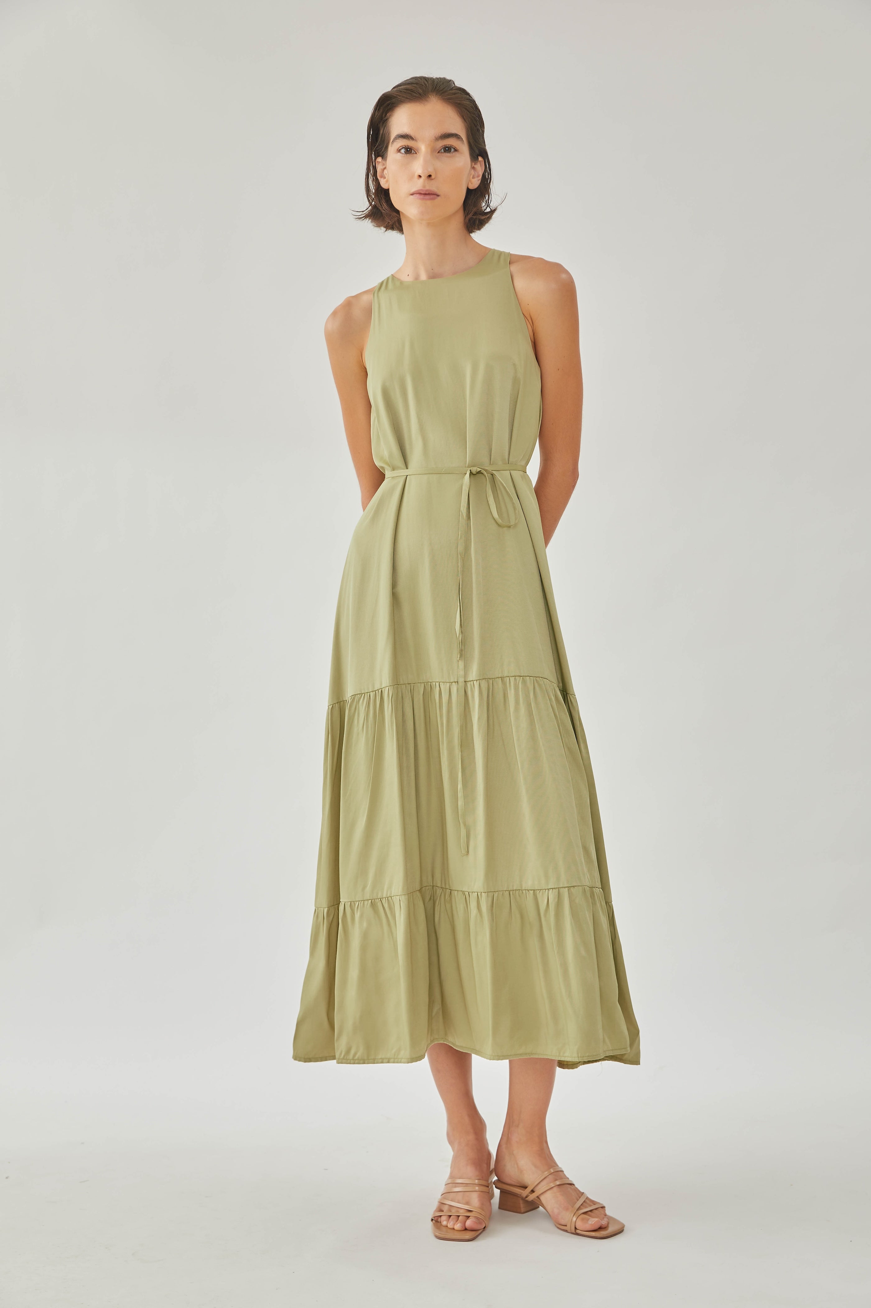 Cotton Blend Tiered Maxi Dress in Olive