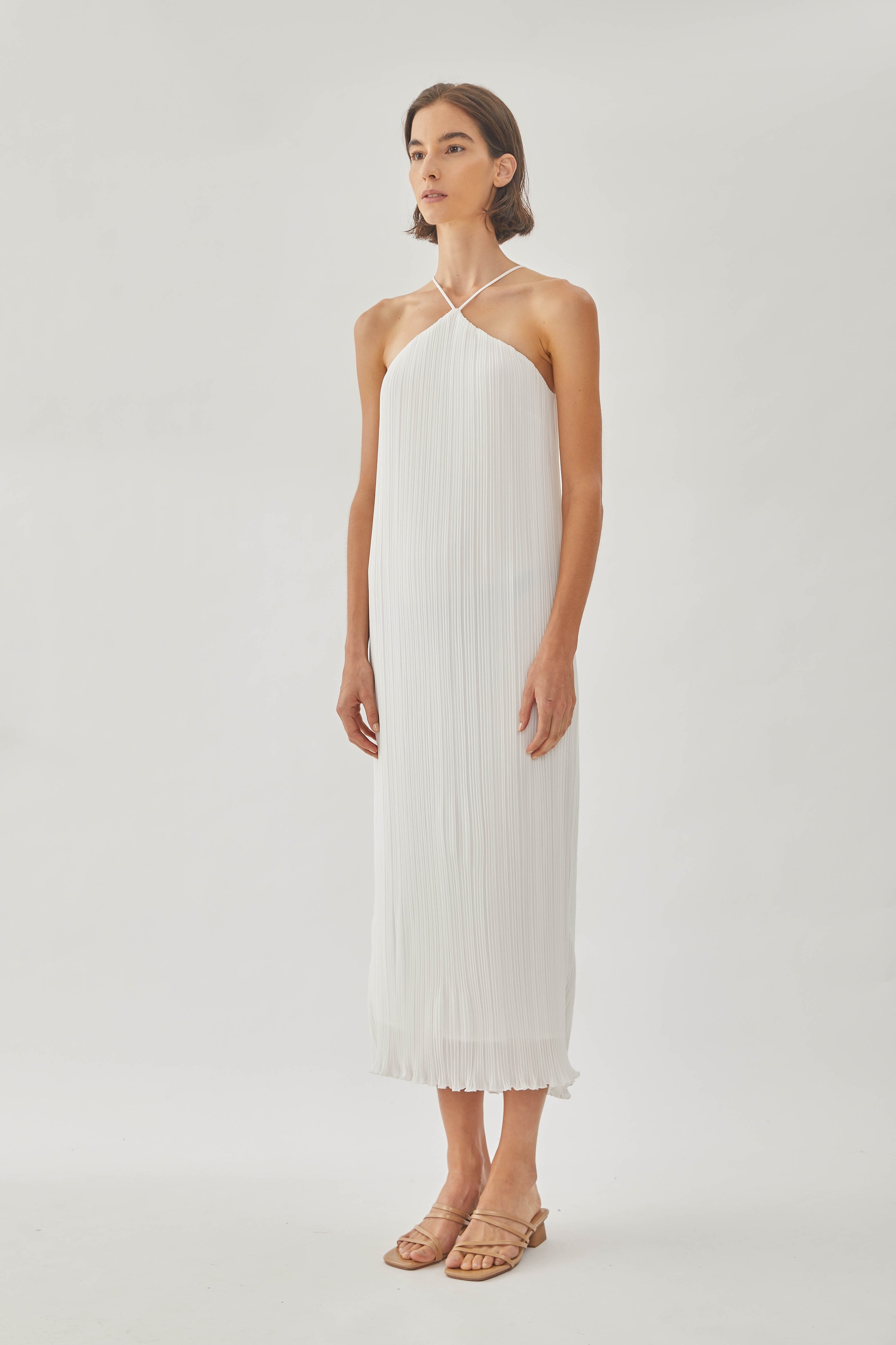 Halter Pleated Maxi Dress in White