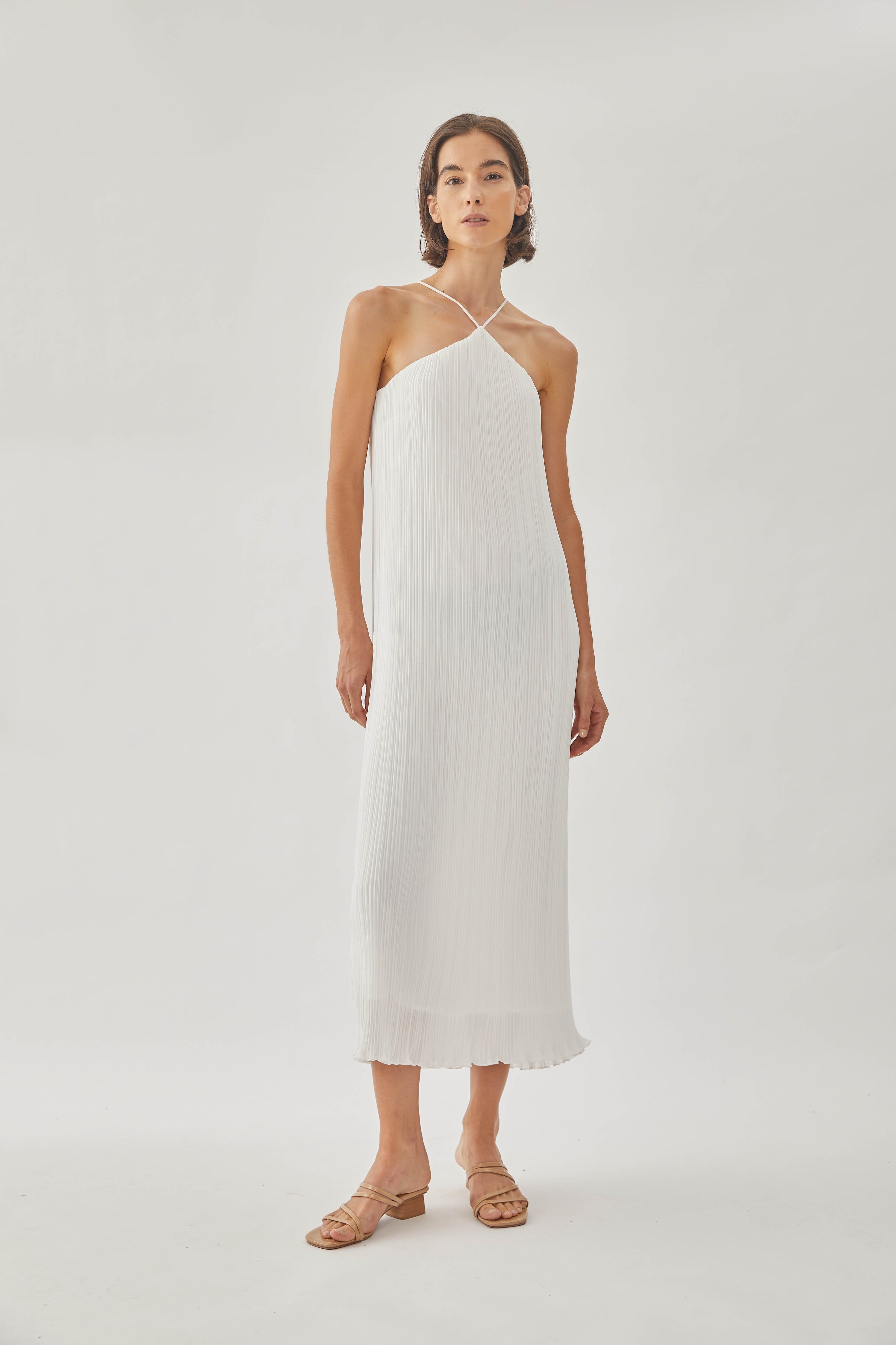 Halter Pleated Maxi Dress in White