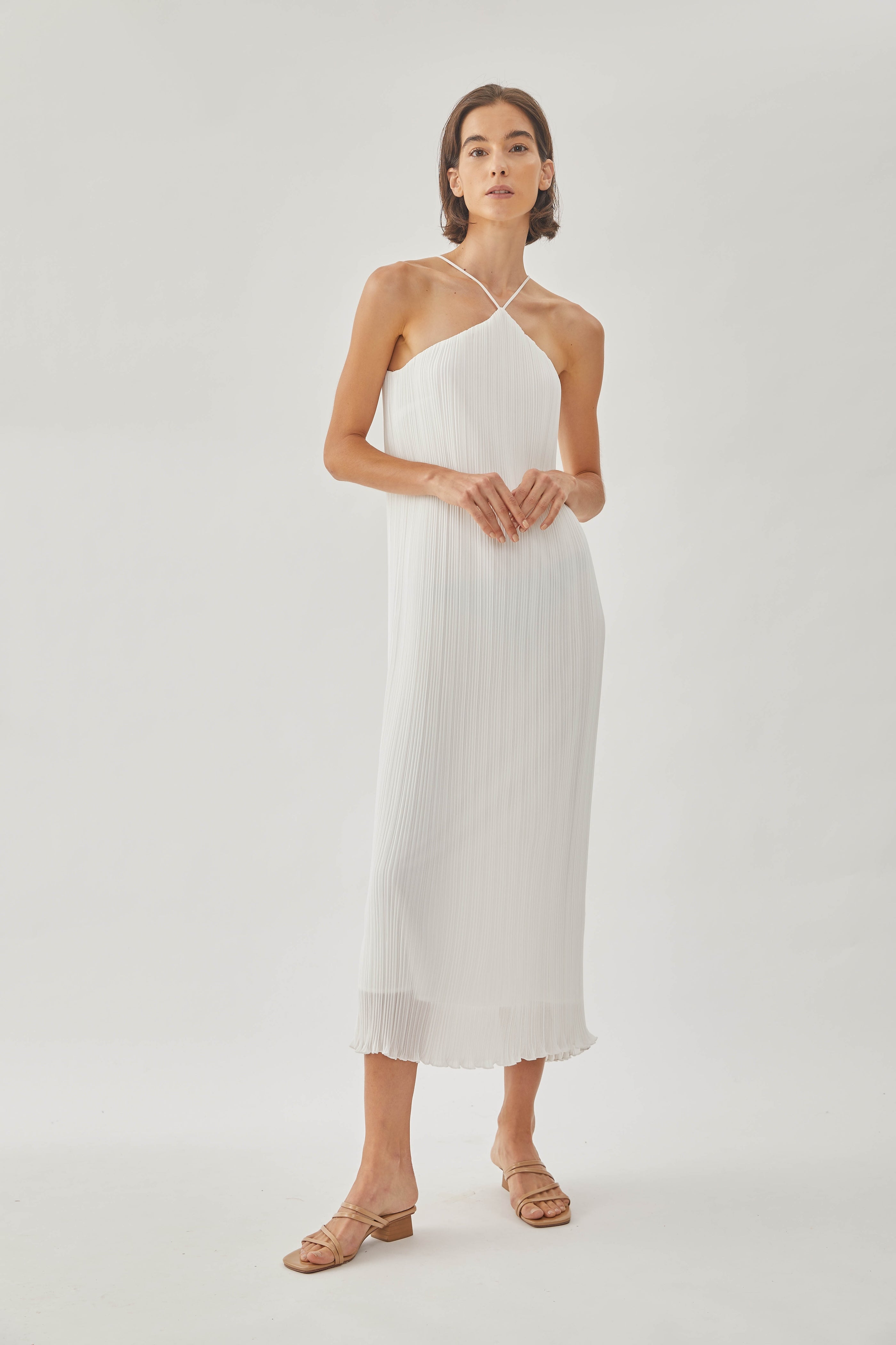 Halter Pleated Maxi Dress in White