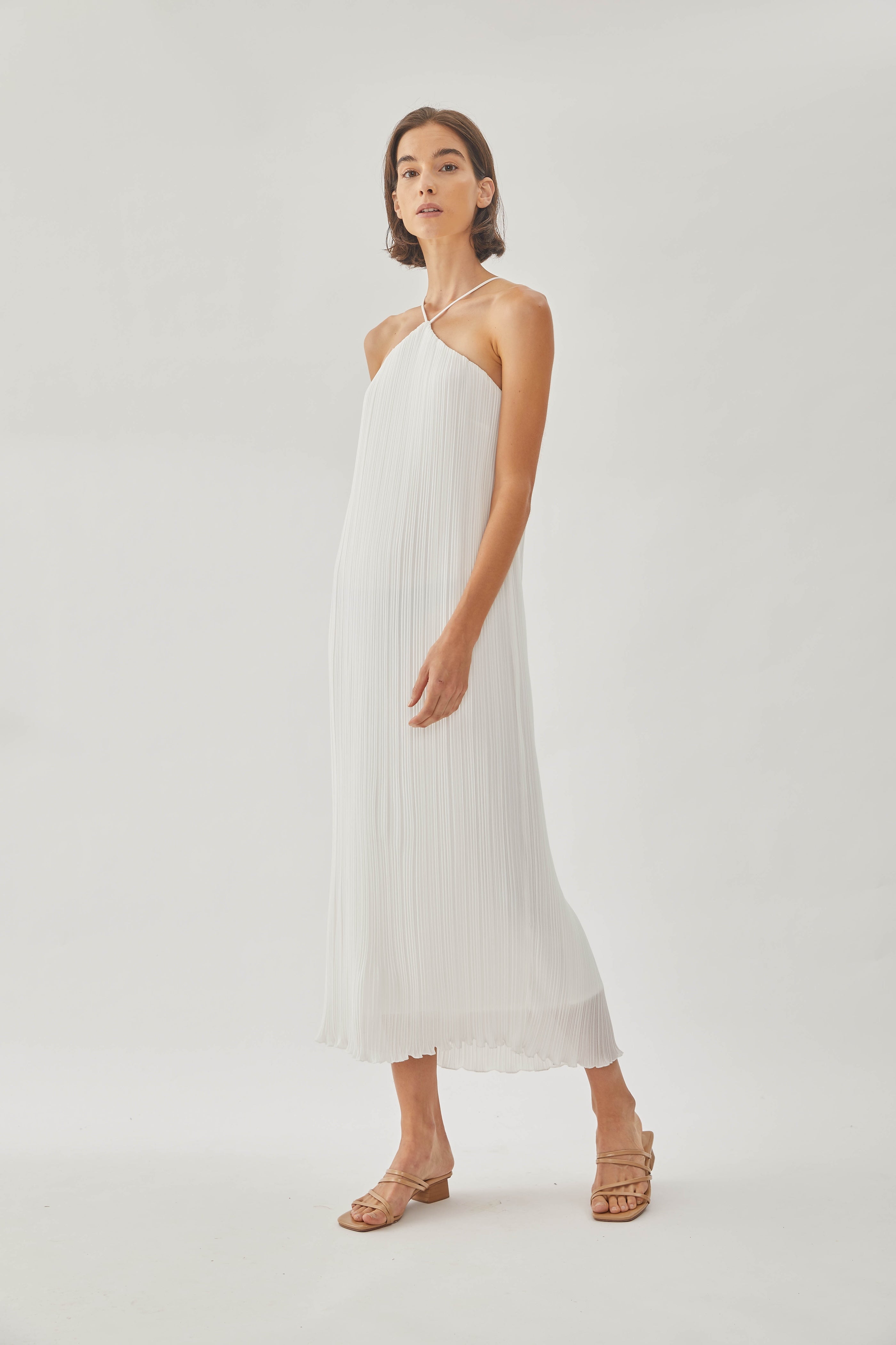 Halter Pleated Maxi Dress in White
