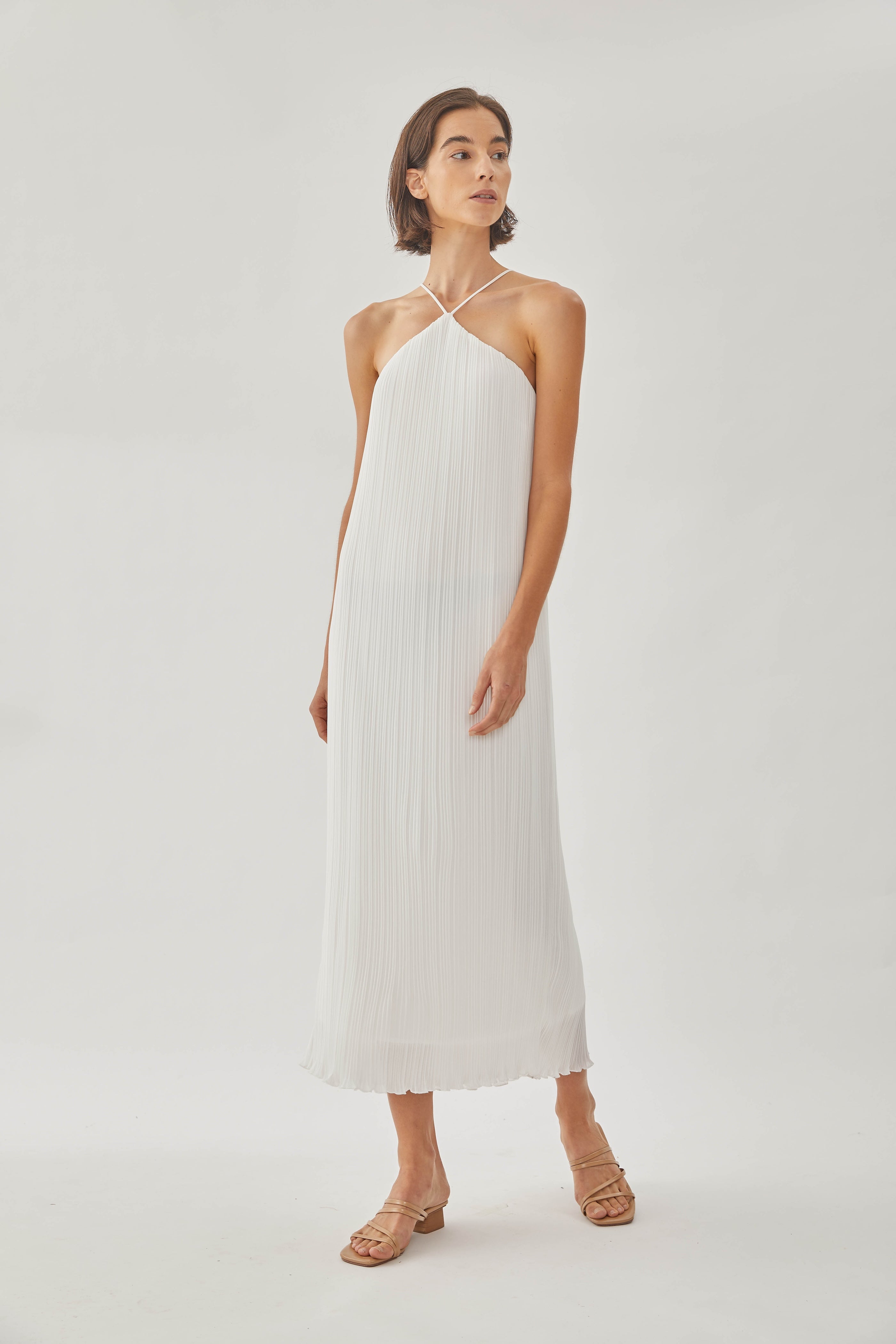 Halter Pleated Maxi Dress in White