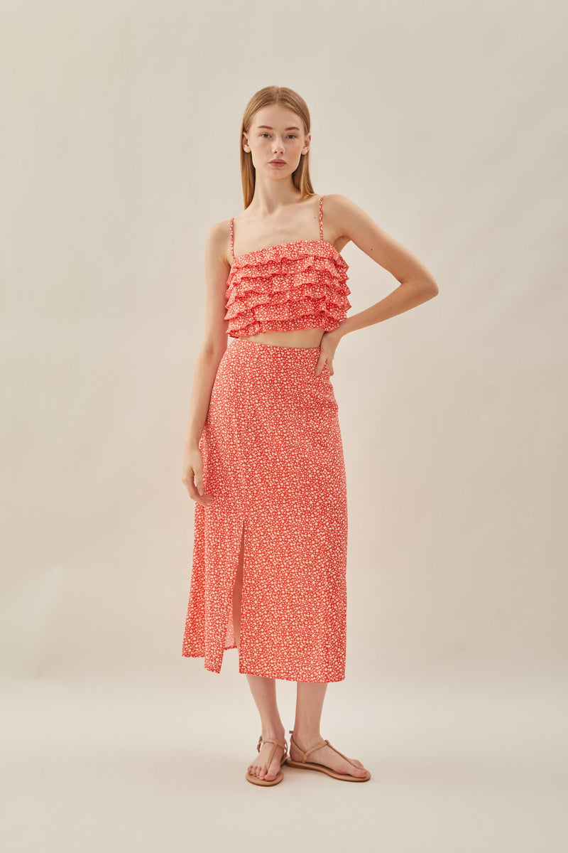 Cotton Blend Skirt with Slit in Red Bloom