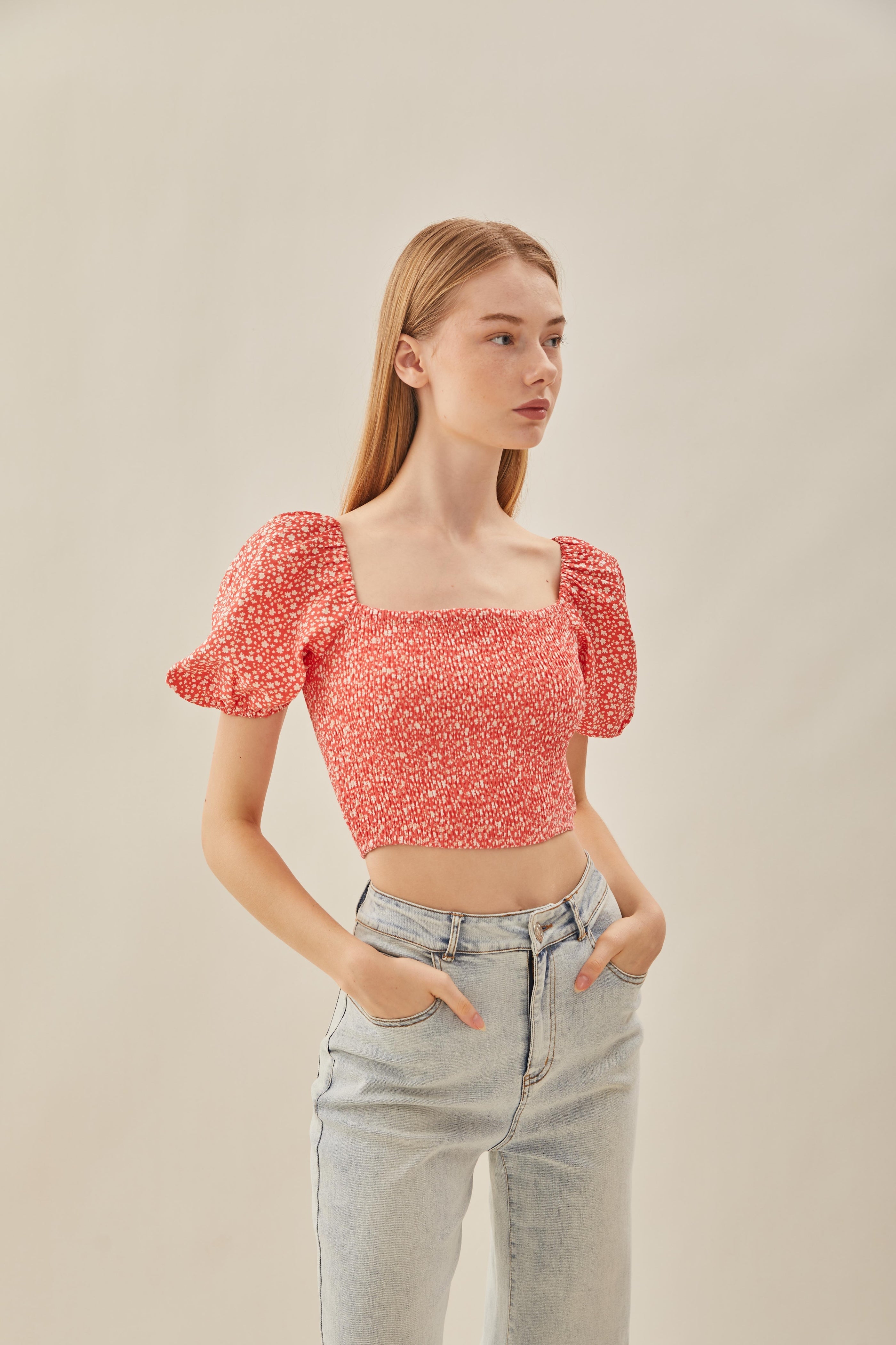 Puffed Sleeved Shirred Top in Red Bloom