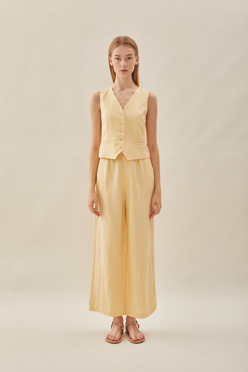 Linen Pleated Trouser in Pale Yellow
