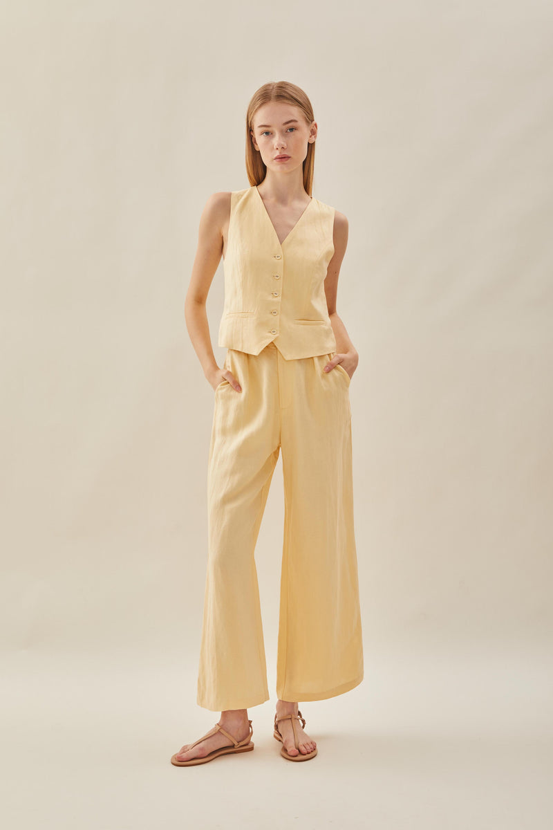 Linen Pleated Trouser in Pale Yellow