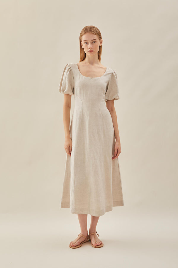 Puffed Sleeved Scoop Neckline Dress in Natural