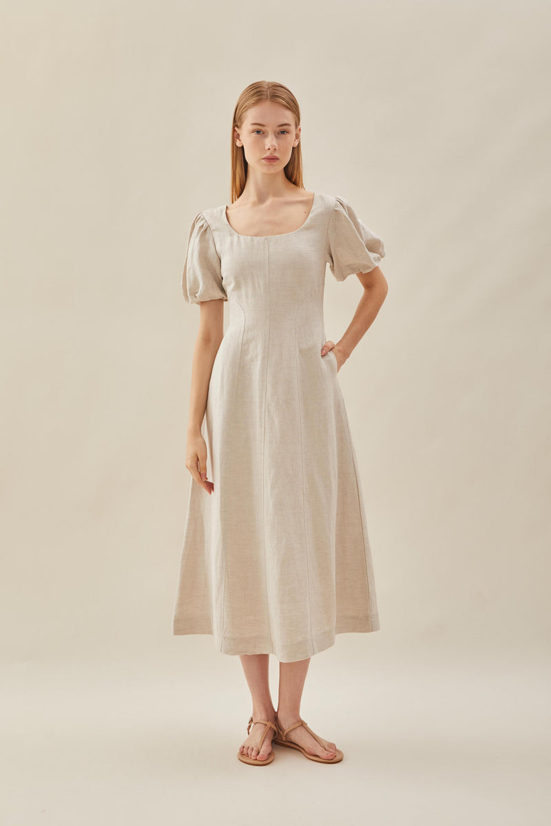 Puffed Sleeved Scoop Neckline Dress in Natural