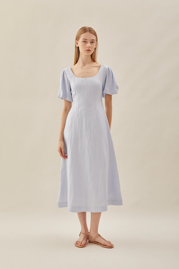 Puffed Sleeved Scoop Neckline Dress in Mist Blue