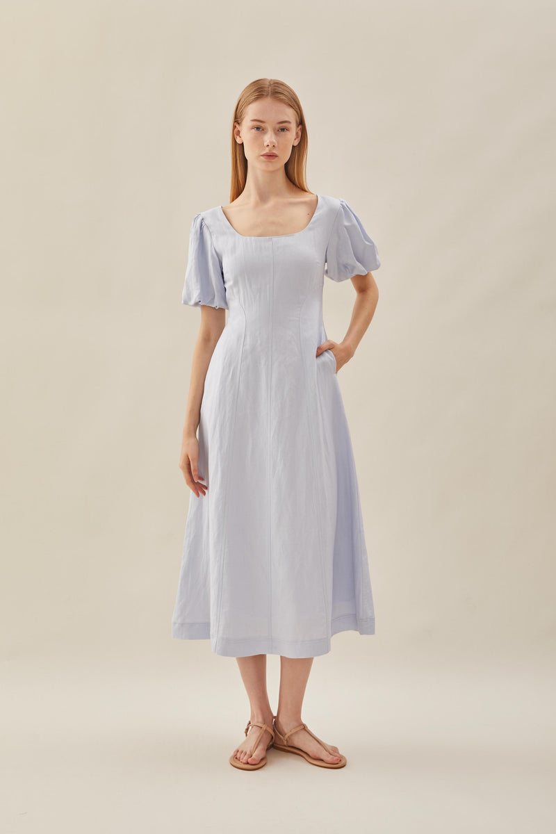Puffed Sleeved Scoop Neckline Dress in Mist Blue