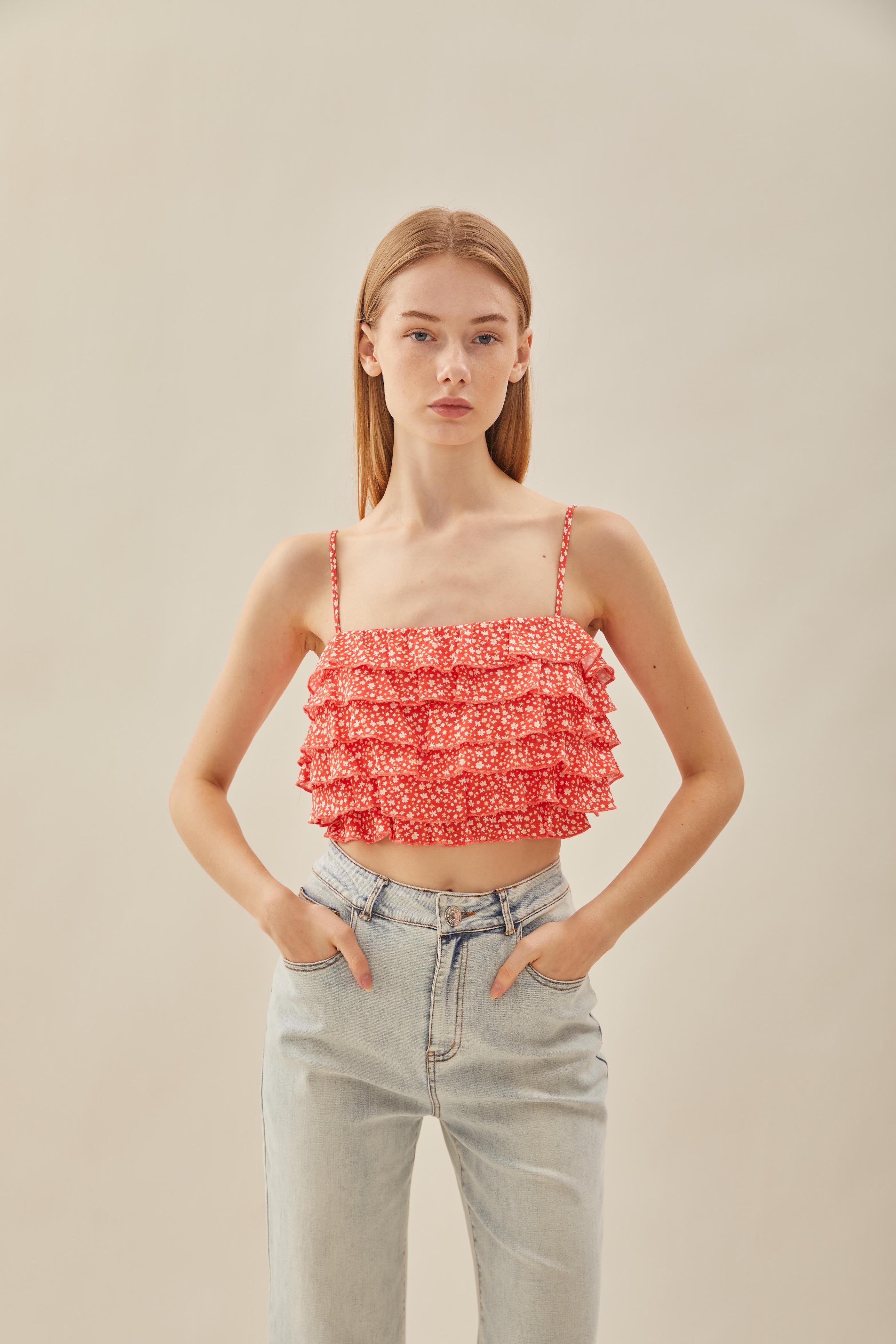 Tiered Frill Top in Red Bloom