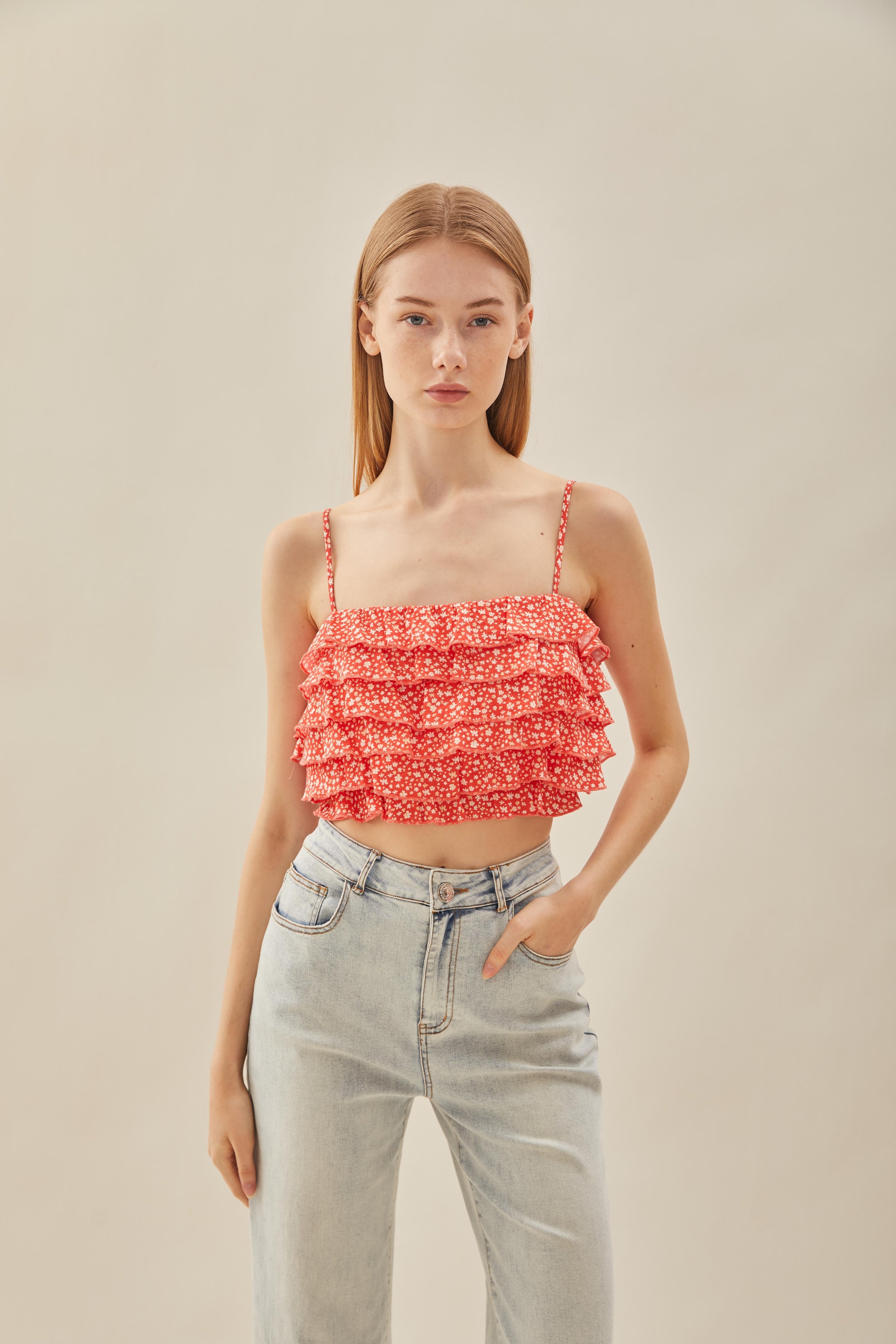 Tiered Frill Top in Red Bloom