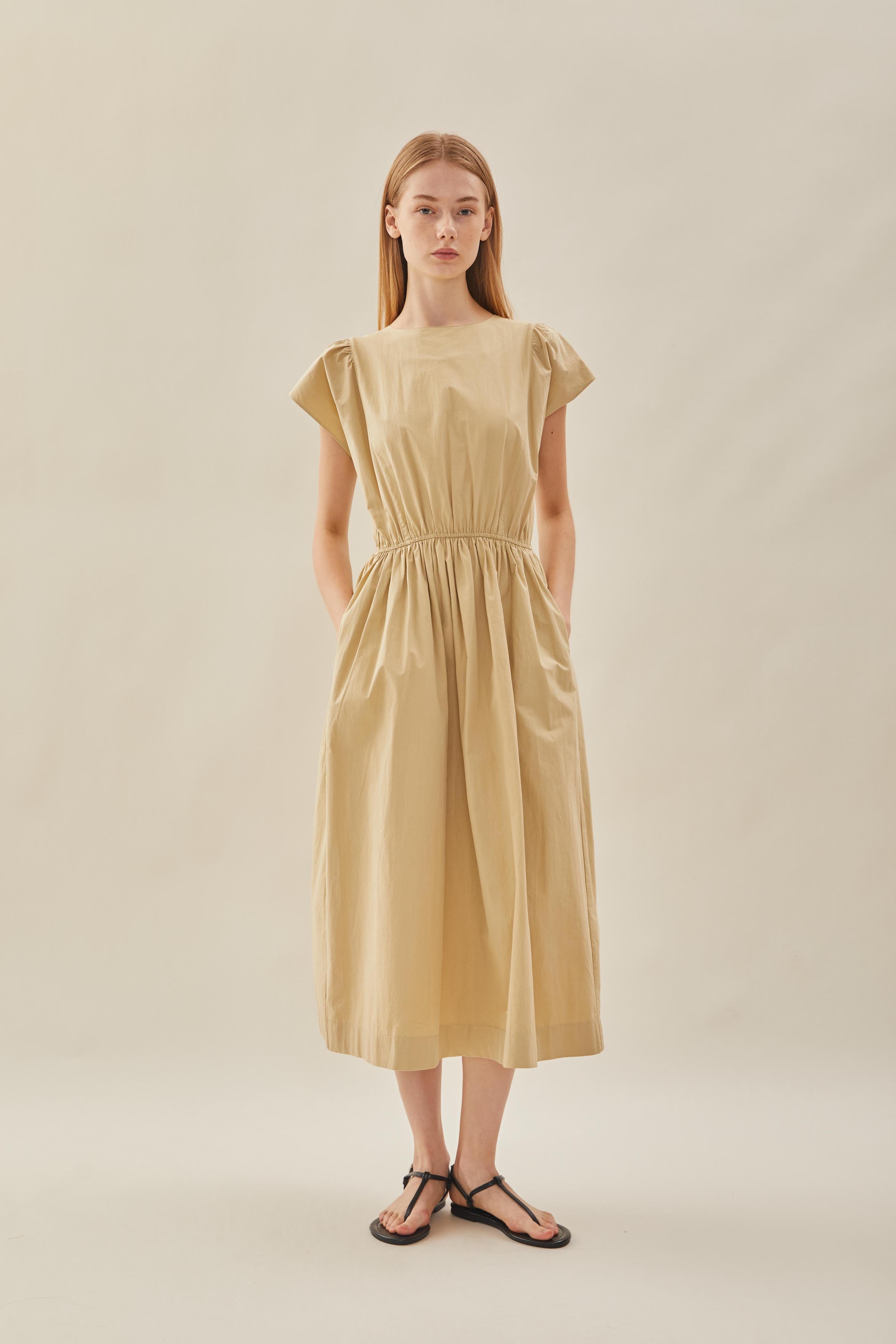 Cotton Gathered Waist Dress in Custard