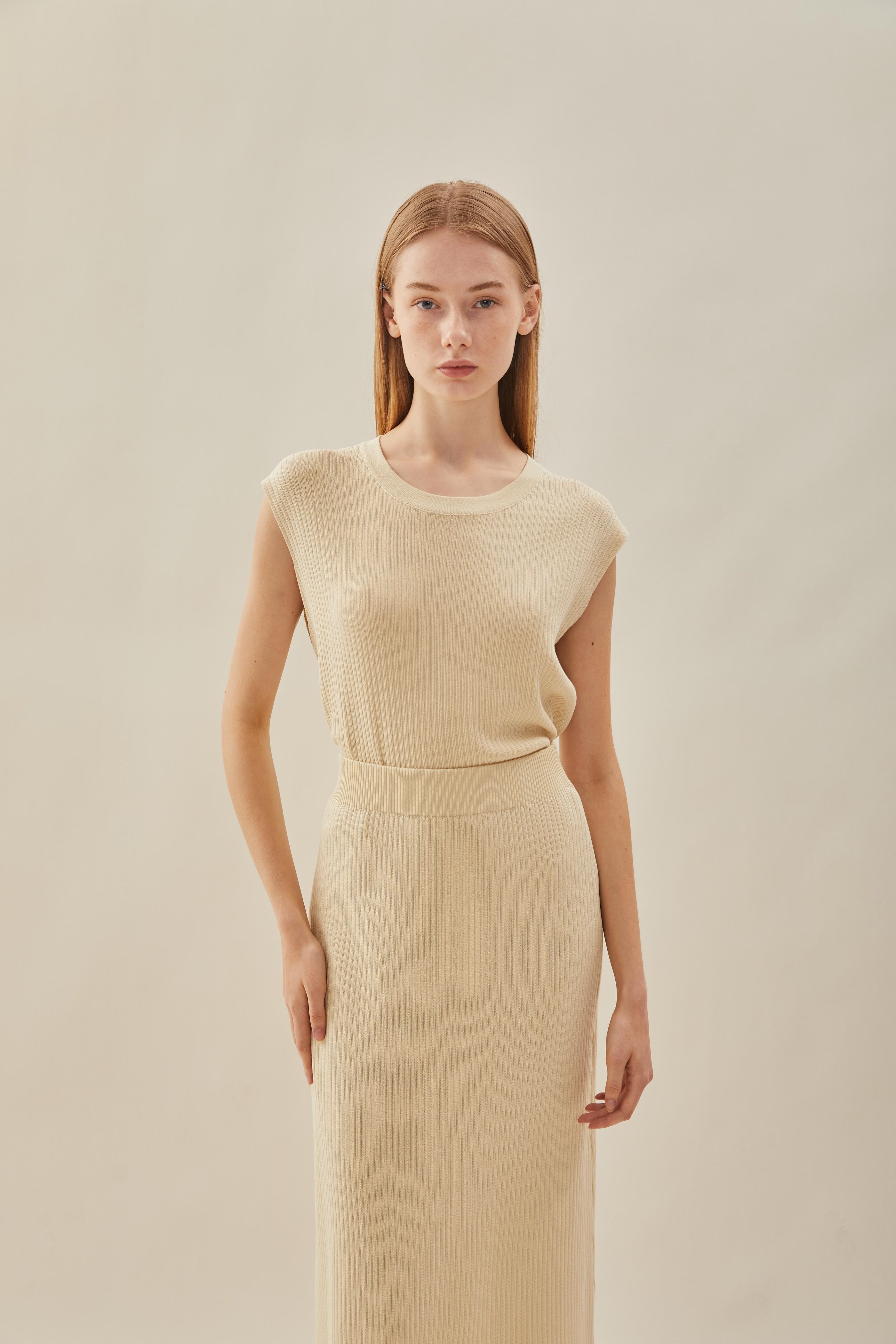 Knitted Round Neck Sleeveless Top in Natural