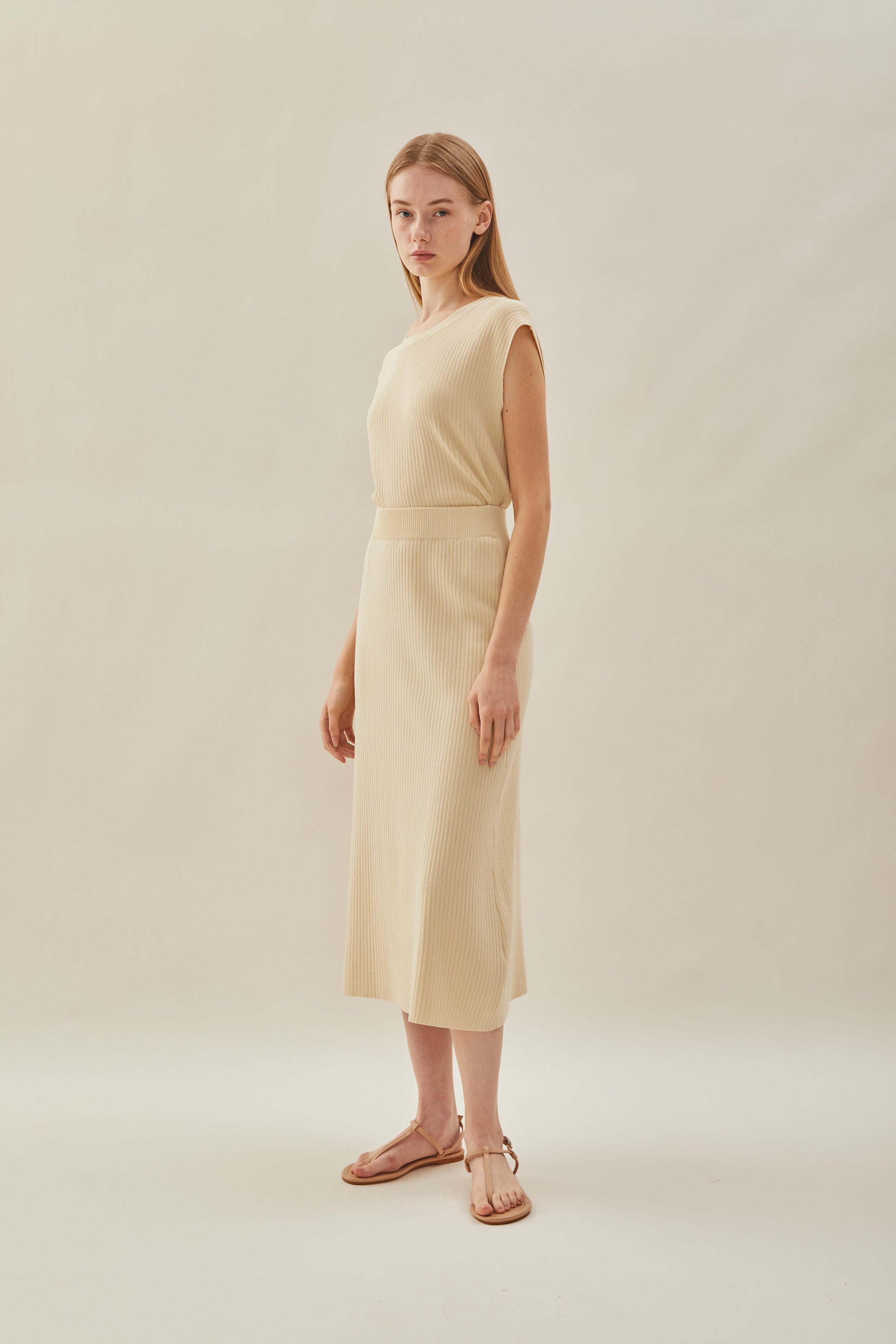 Knitted Round Neck Sleeveless Top in Natural