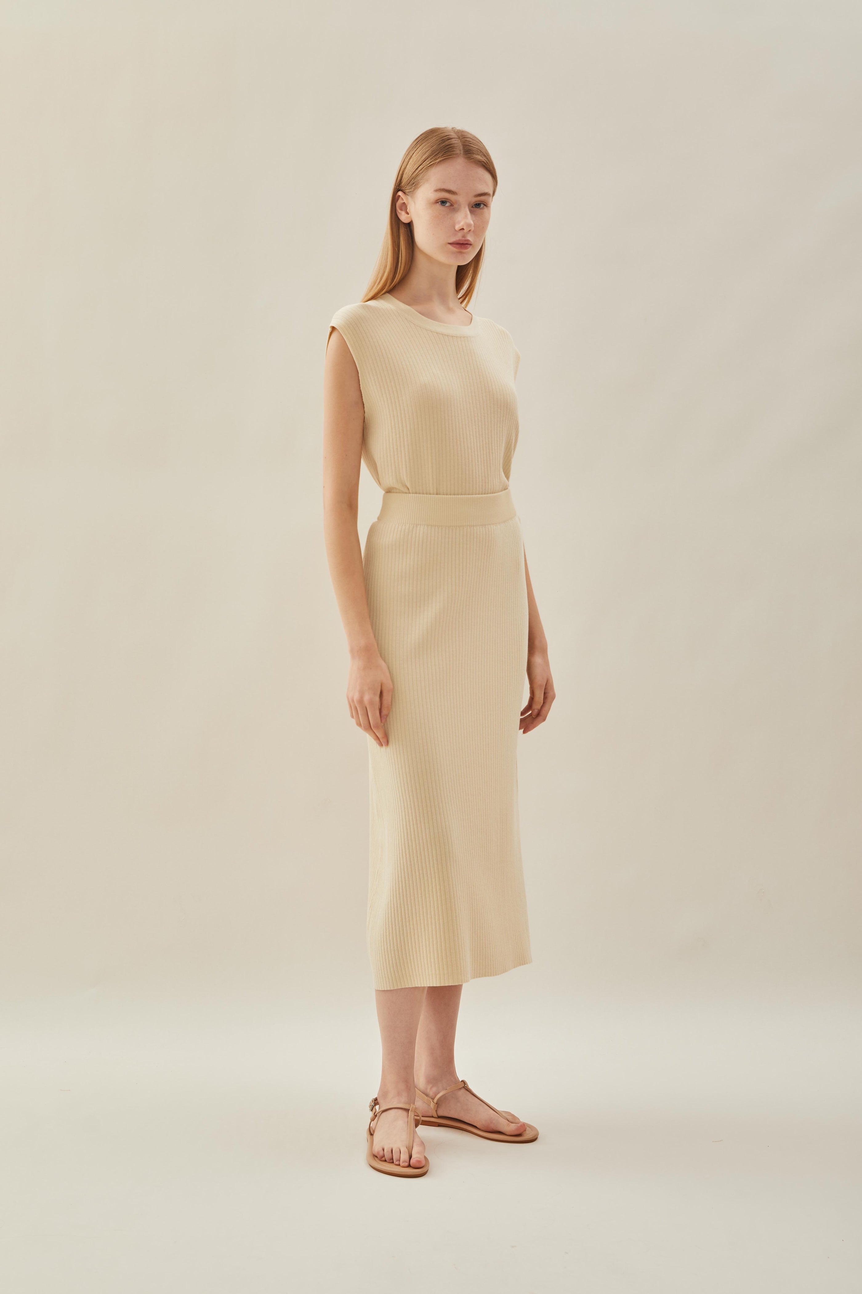 Knitted Round Neck Sleeveless Top in Natural