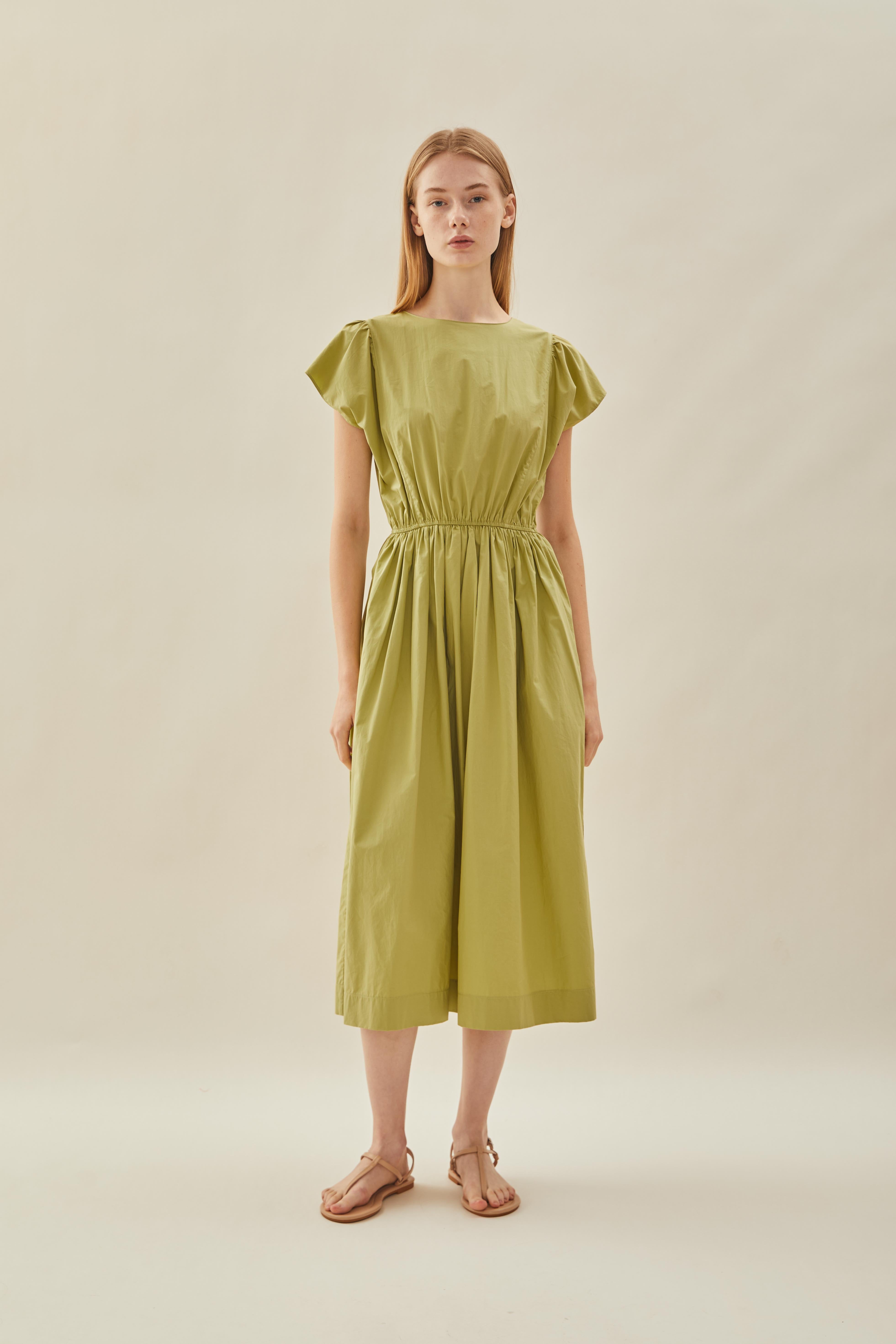 Cotton Gathered Waist Dress in Fern