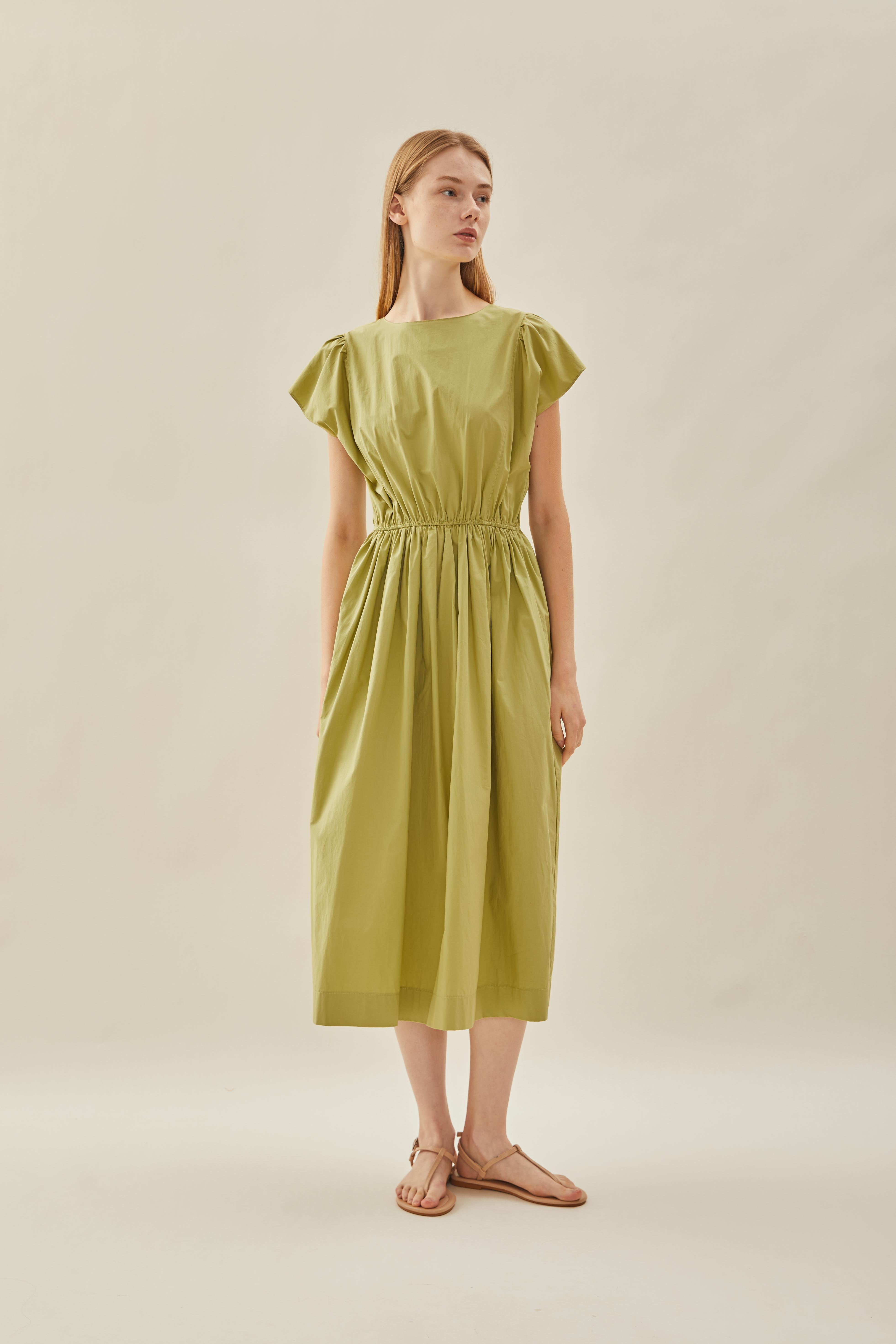 Cotton Gathered Waist Dress in Fern