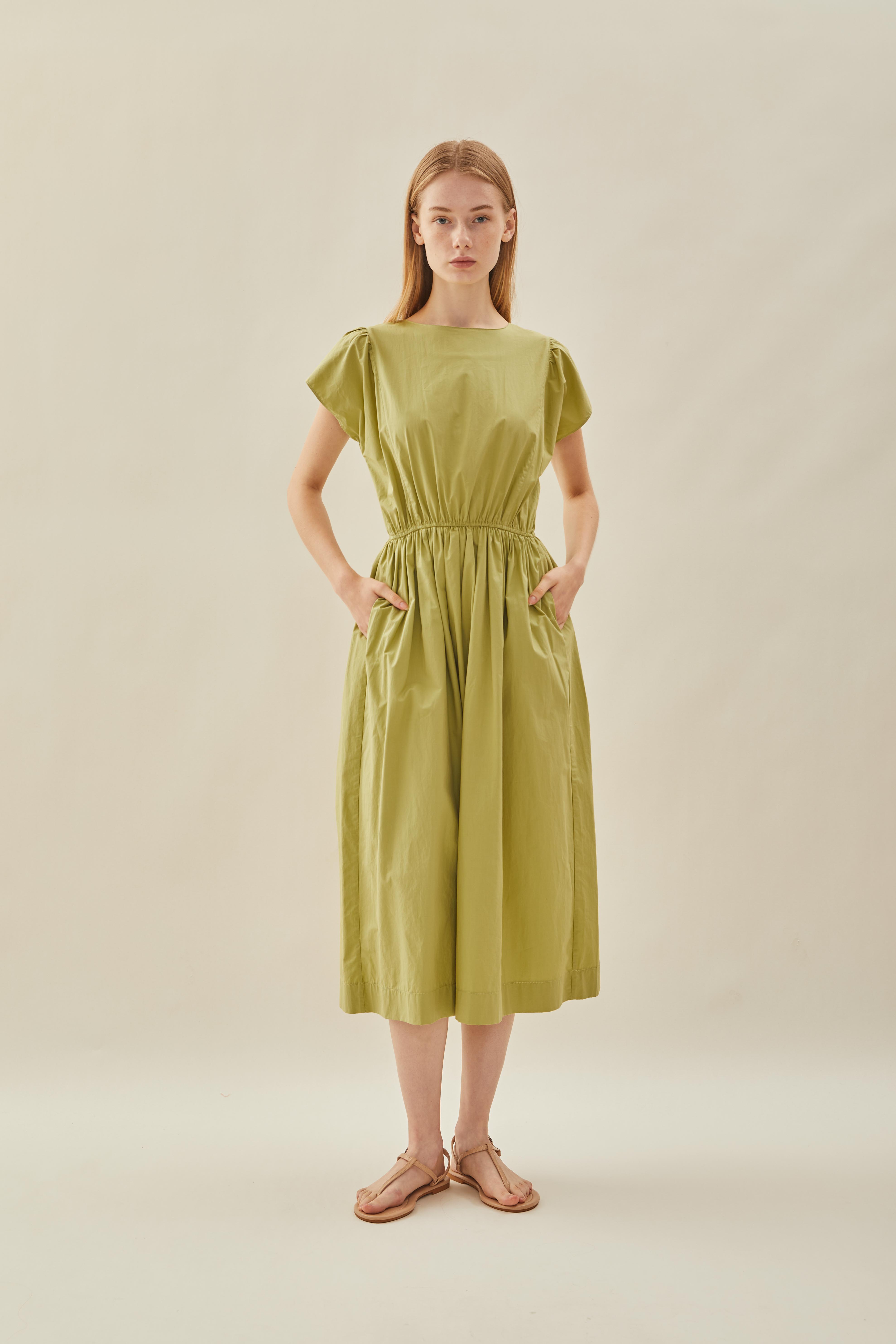 Cotton Gathered Waist Dress in Fern