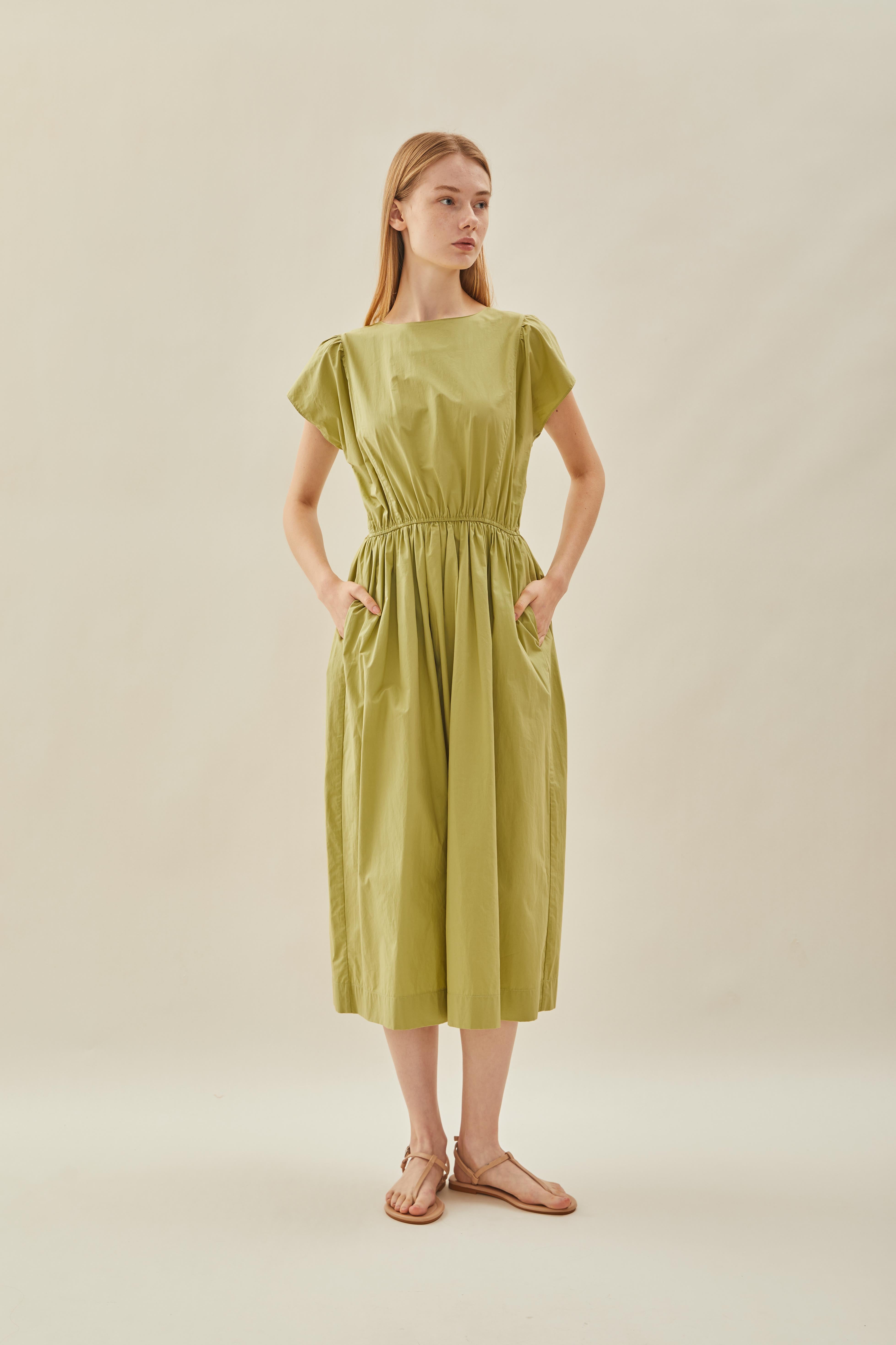 Cotton Gathered Waist Dress in Fern