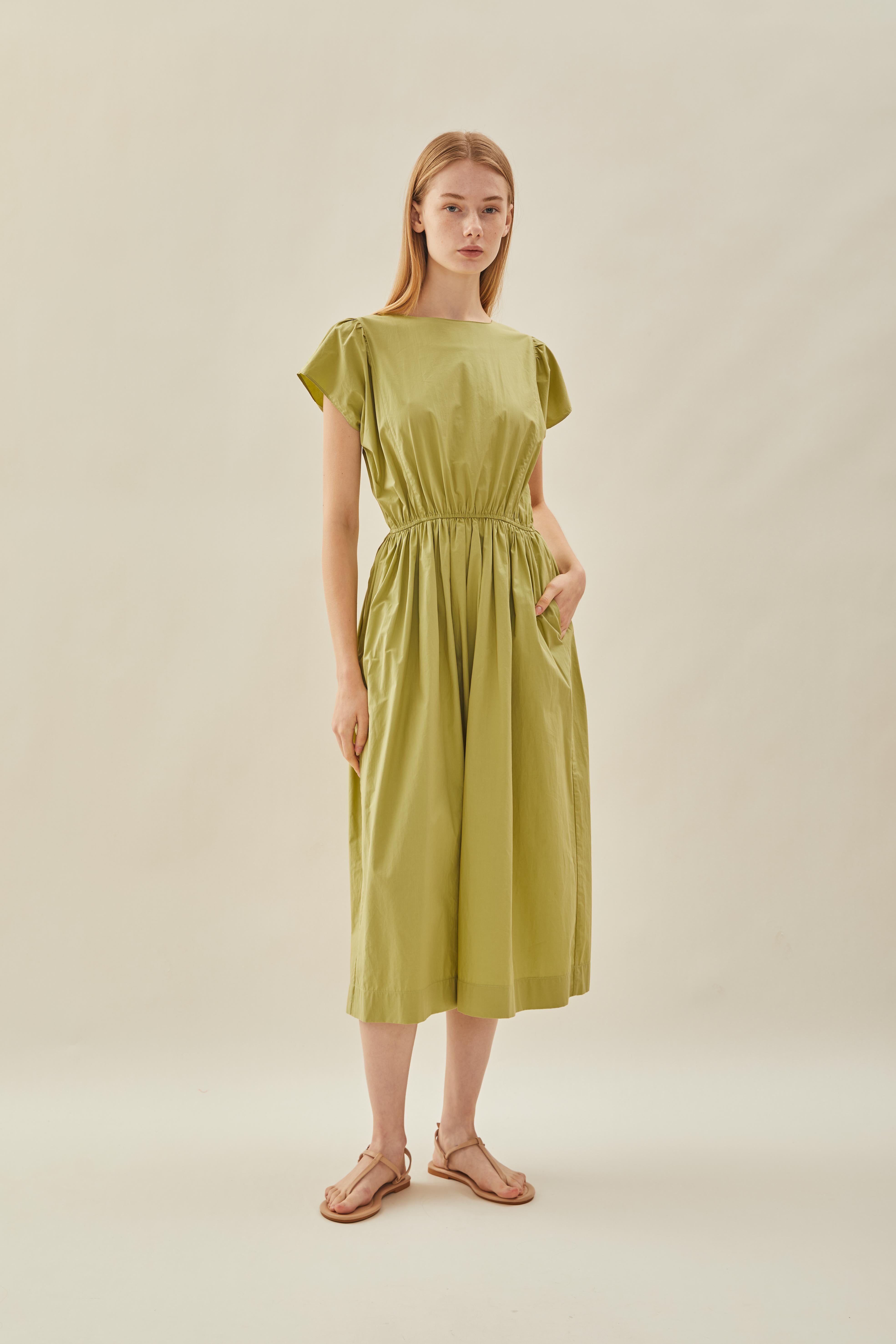 Cotton Gathered Waist Dress in Fern