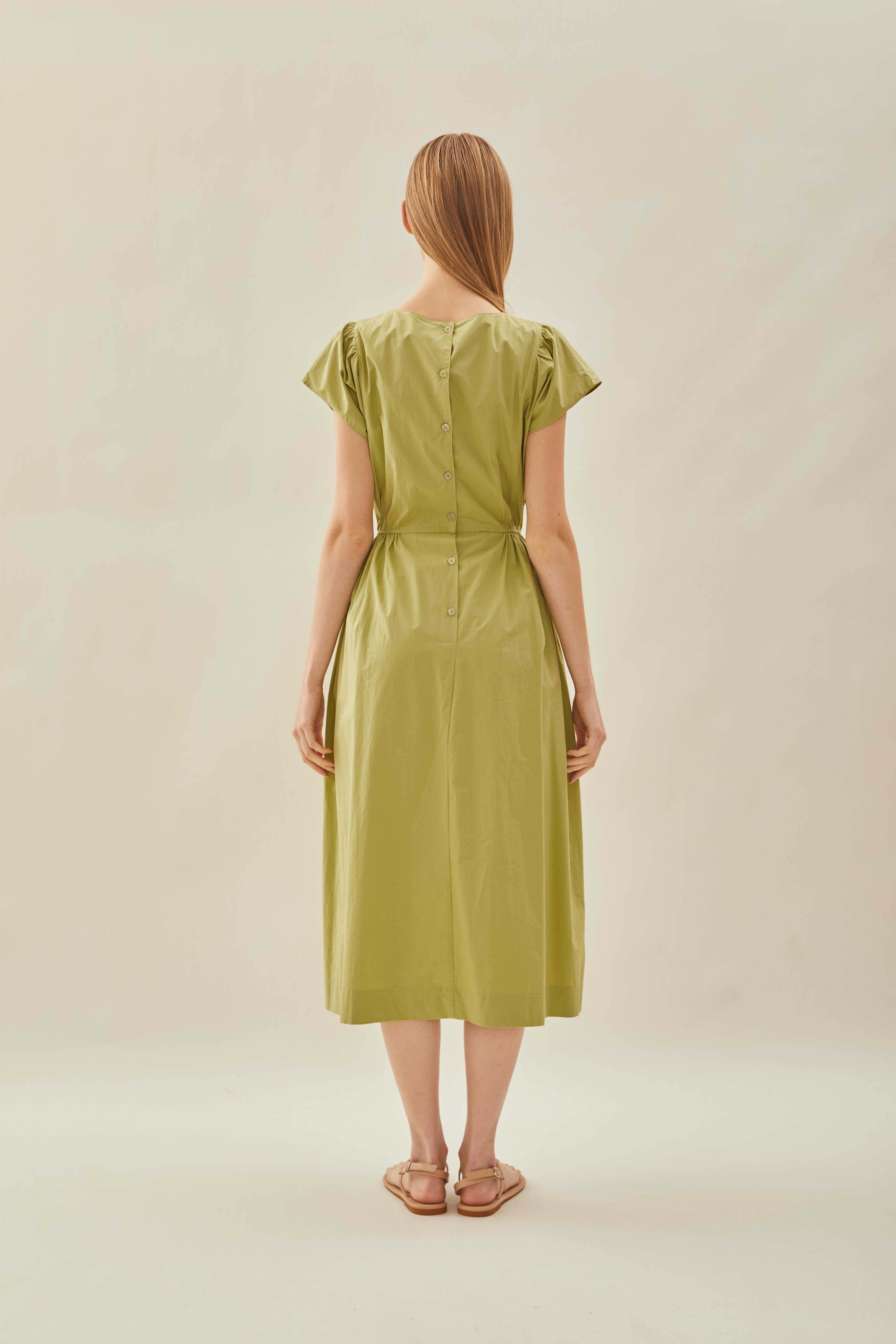 Cotton Gathered Waist Dress in Fern