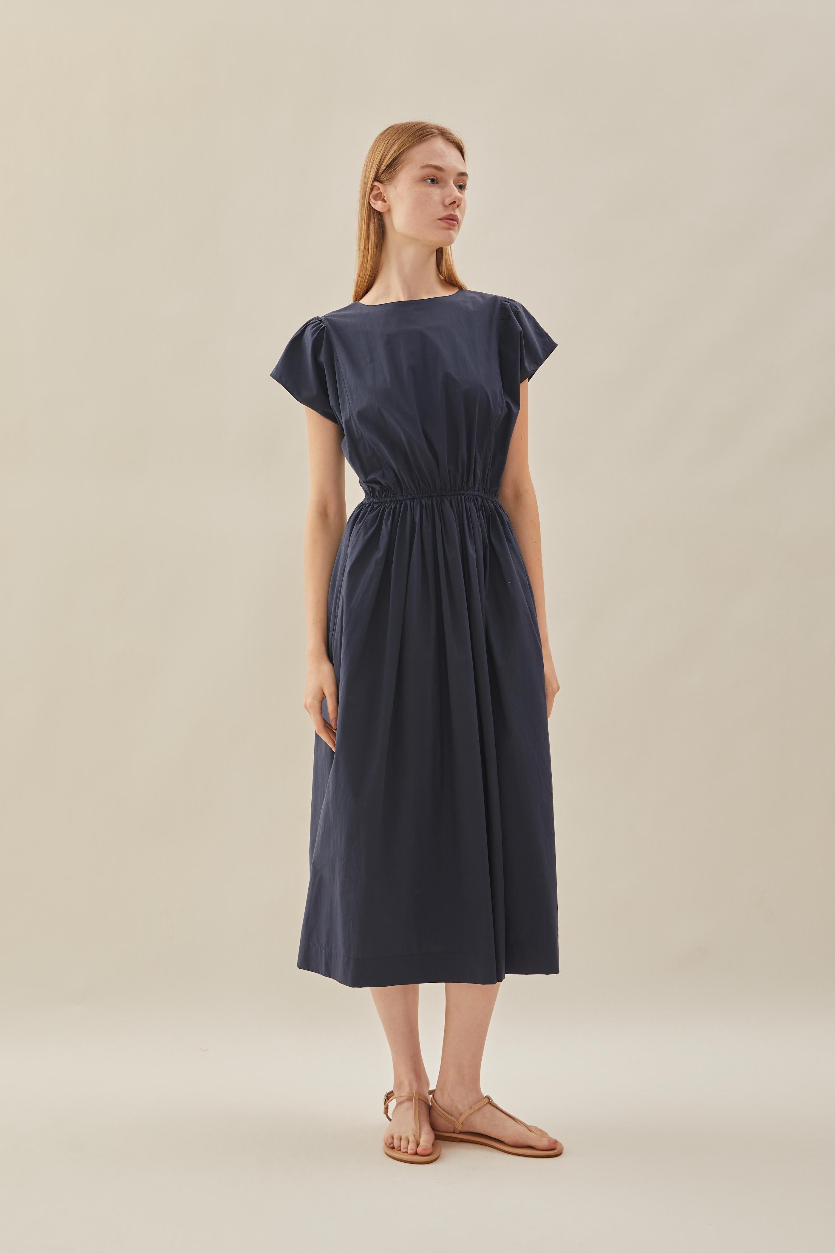 Cotton Gathered Waist Dress in Midnight